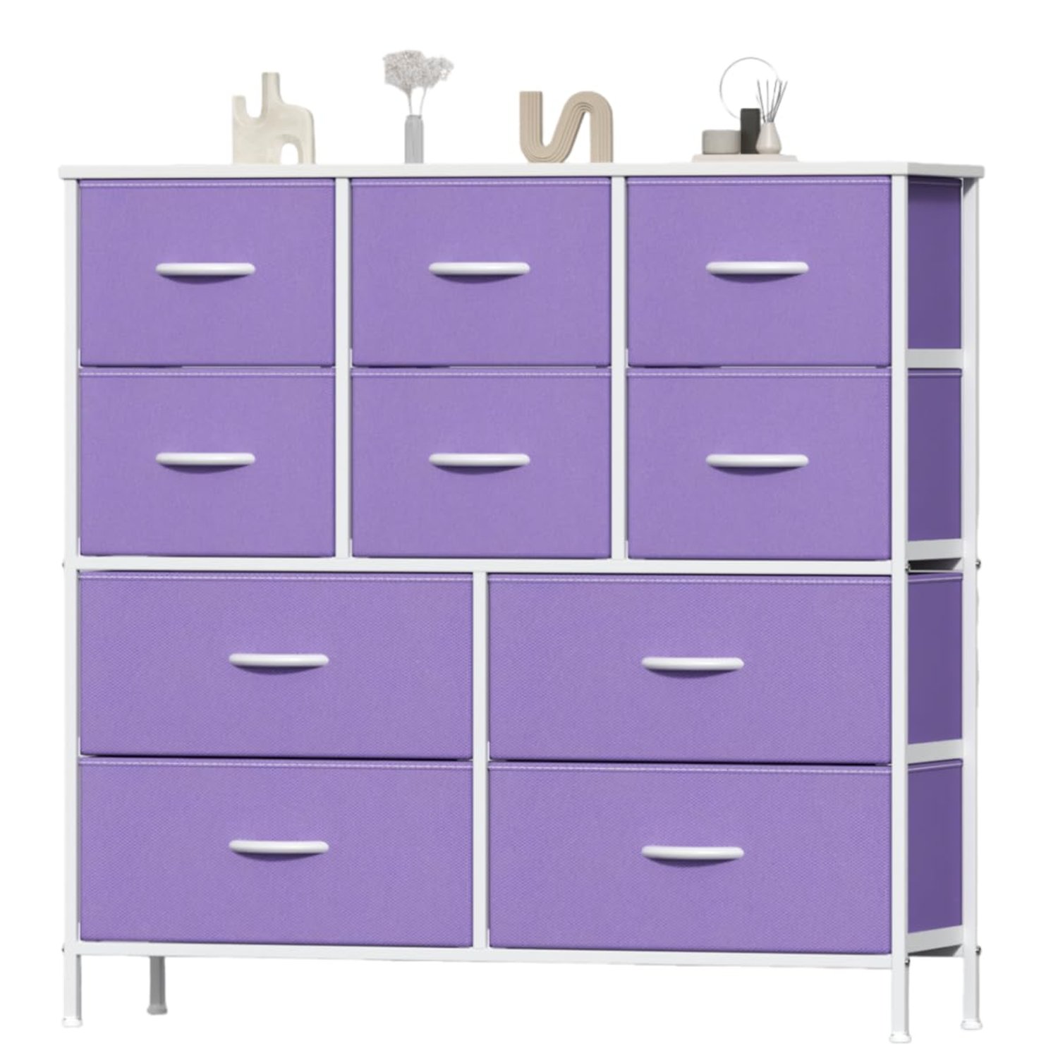Feonase Chest of Drawers, Bedroom Tall Dresser with 10 Fabric Drawers, Metal Frame & MDF Wood Top, Adjustable Feet, Storage Organizer Unit for Bedroom, Closet, Living Room, Hallway Purple