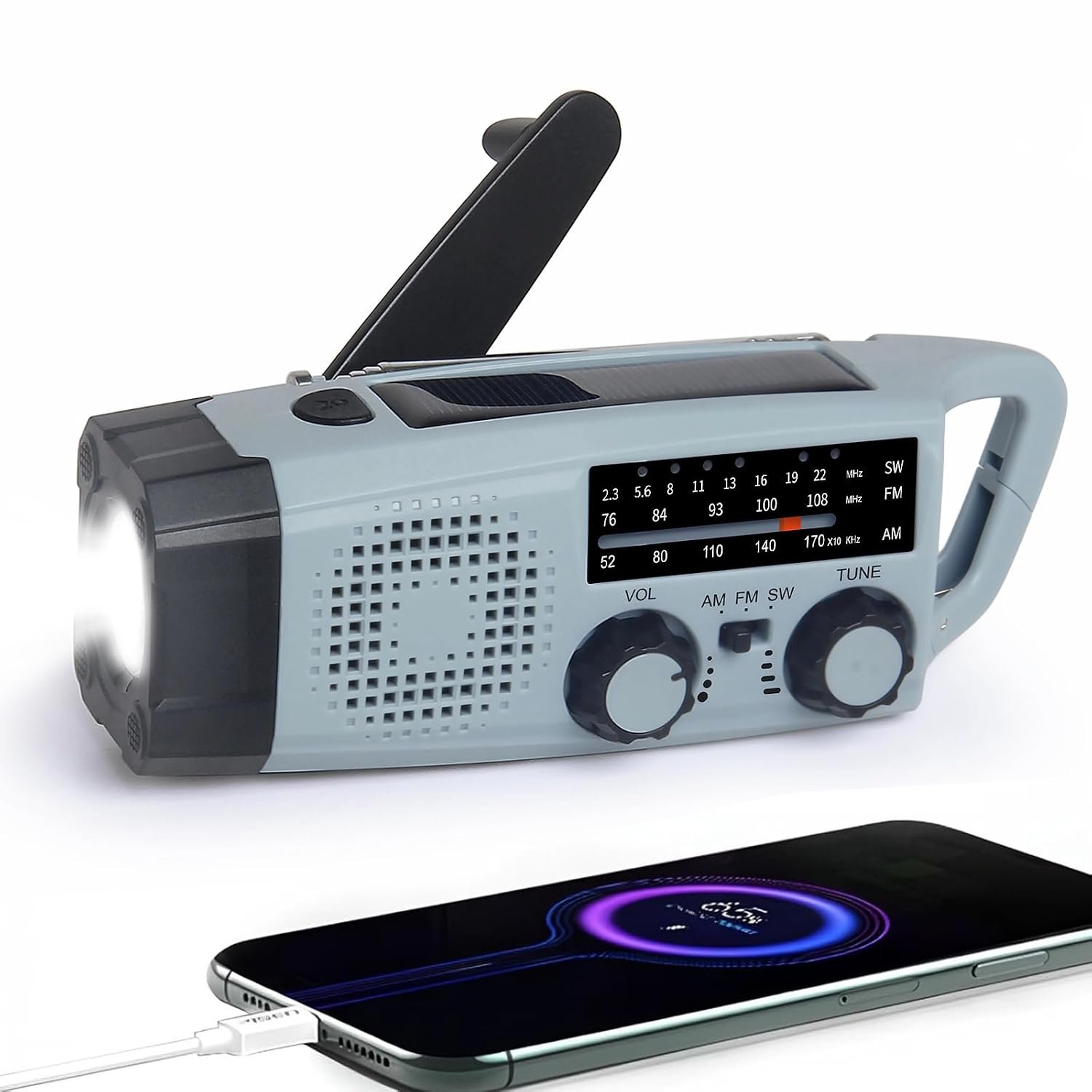 GEMMAC Emergency Radio with Solar/Hand Crank/Battery Powered Radio, 2000mAh Power Bank Wind Up Radio AM/FM/SW IPX5 Survival Kit, LED Torch & SOS Alarm for Outdoor Camping/Power Cuts Survival Equipment
