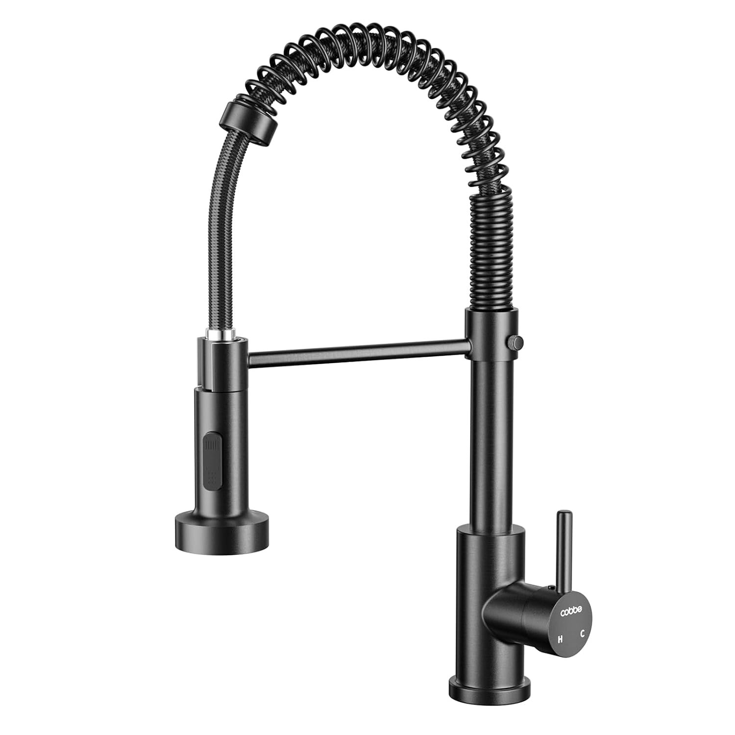 Cobbe Black Kitchen Tap, Spring Kitchen Sink Mixer Taps with Pull Out Spray, Commercial Faucet Single Handle Lever, High Arc Swivel 360 with 2 Spray Mode Cold and hot Fittings UK Standard