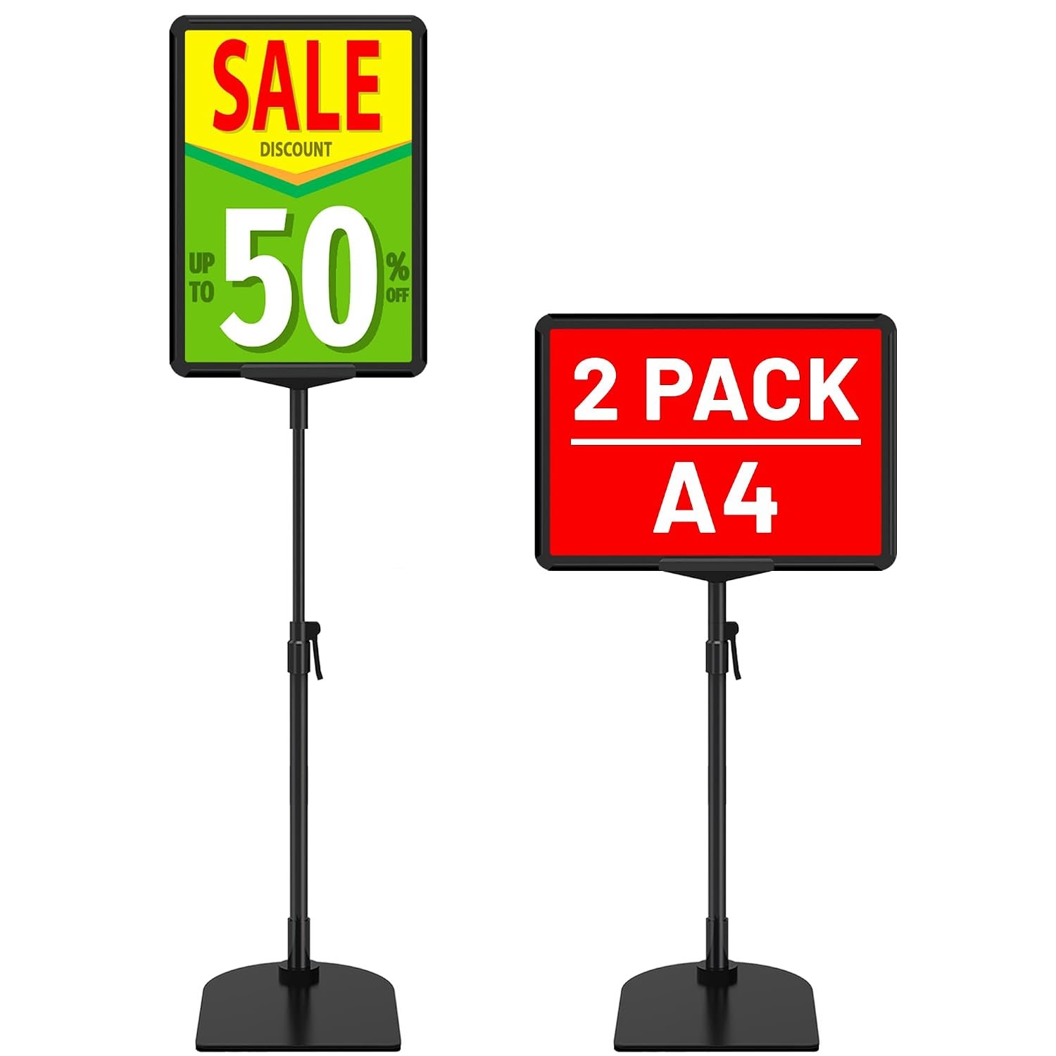 VAIIGO Sign Holder Stand A4, Adjustable Poster Stand for Table Top & Floor, Metal Signage Display Stands, Floor Standing Sign Holder for Advertisement, Tradeshow, Store, Business, 2 Pack