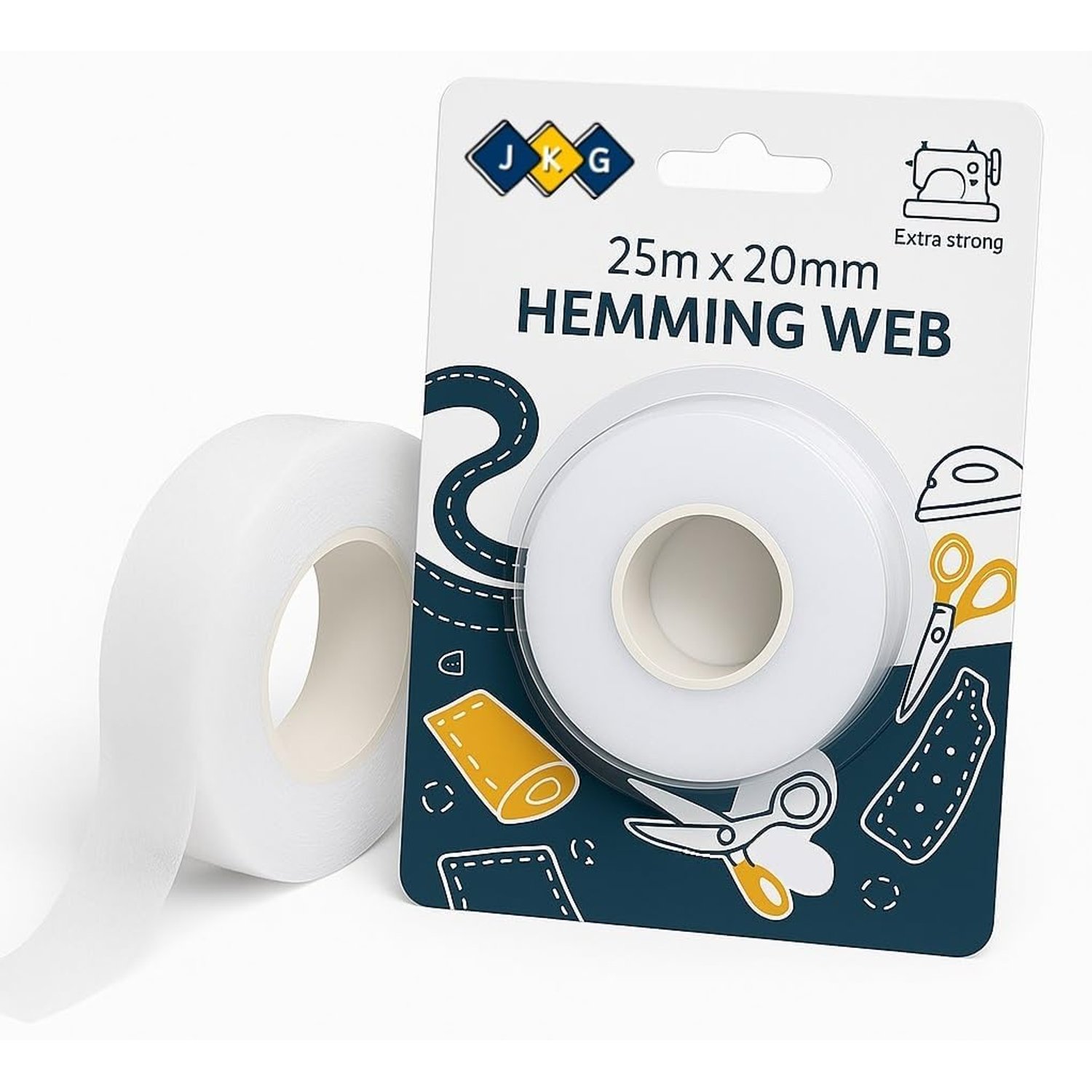 JKG® 25 meters IRON ON HEMMING WEB TAPE - EXTRA STRONG - Perfect for Ironing, Bonding, Patching clothing, Fabric fusing - School badges, trousers etc - NO SEWING REQUIRED (25m x 2cm)