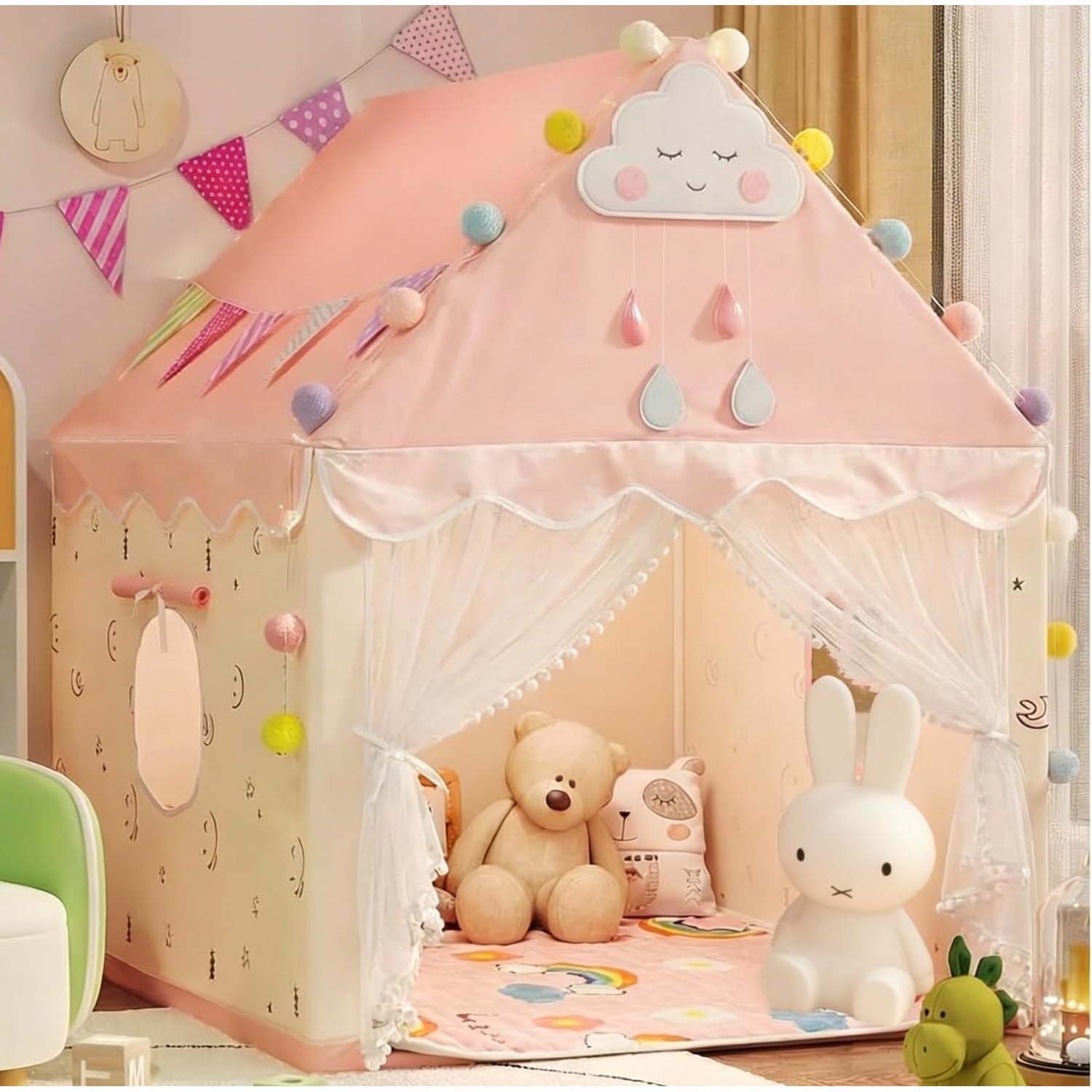 Kids Tent Play House with Lights, Kids Play Tent with Multi-Coloured Ball Lights & Tote Bag & Flags & Clouds, Indoor Outdoor Princess Tents Toddlers Playhouse for Girls Boys Birthday Gifts(Pink)