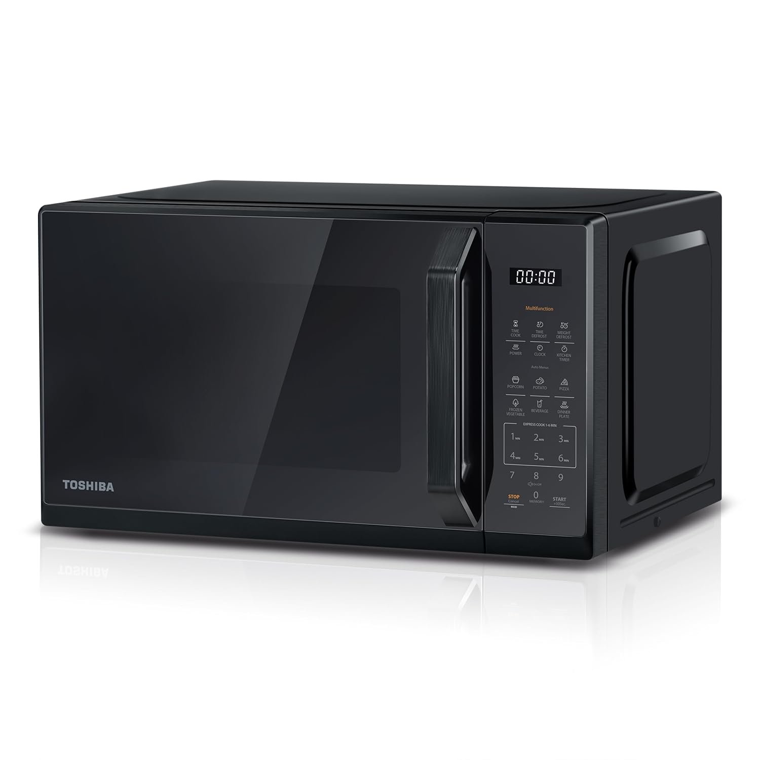 TOSHIBA Black Mirror Microwave 20Liter 800W Digital Solo Small Microwave With 11 Power Levels, One Touch Express Cook with 6 Auto Menus, Defrost, Digital Display, Perfect for 9''Pizza, MW3-EM20PF(MB)