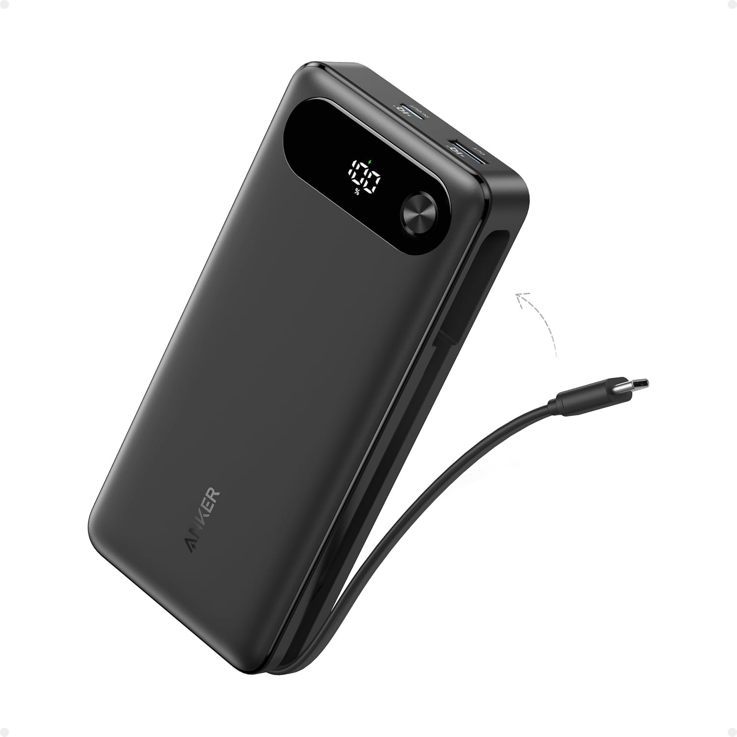Anker Power Bank, 20,000mAh Laptop Portable Charger with Built-in USB-C Cable, 87W Max Fast Charging Battery Pack, for iPhone 17/16/15/14/13 Series, Samsung, Switch, and More