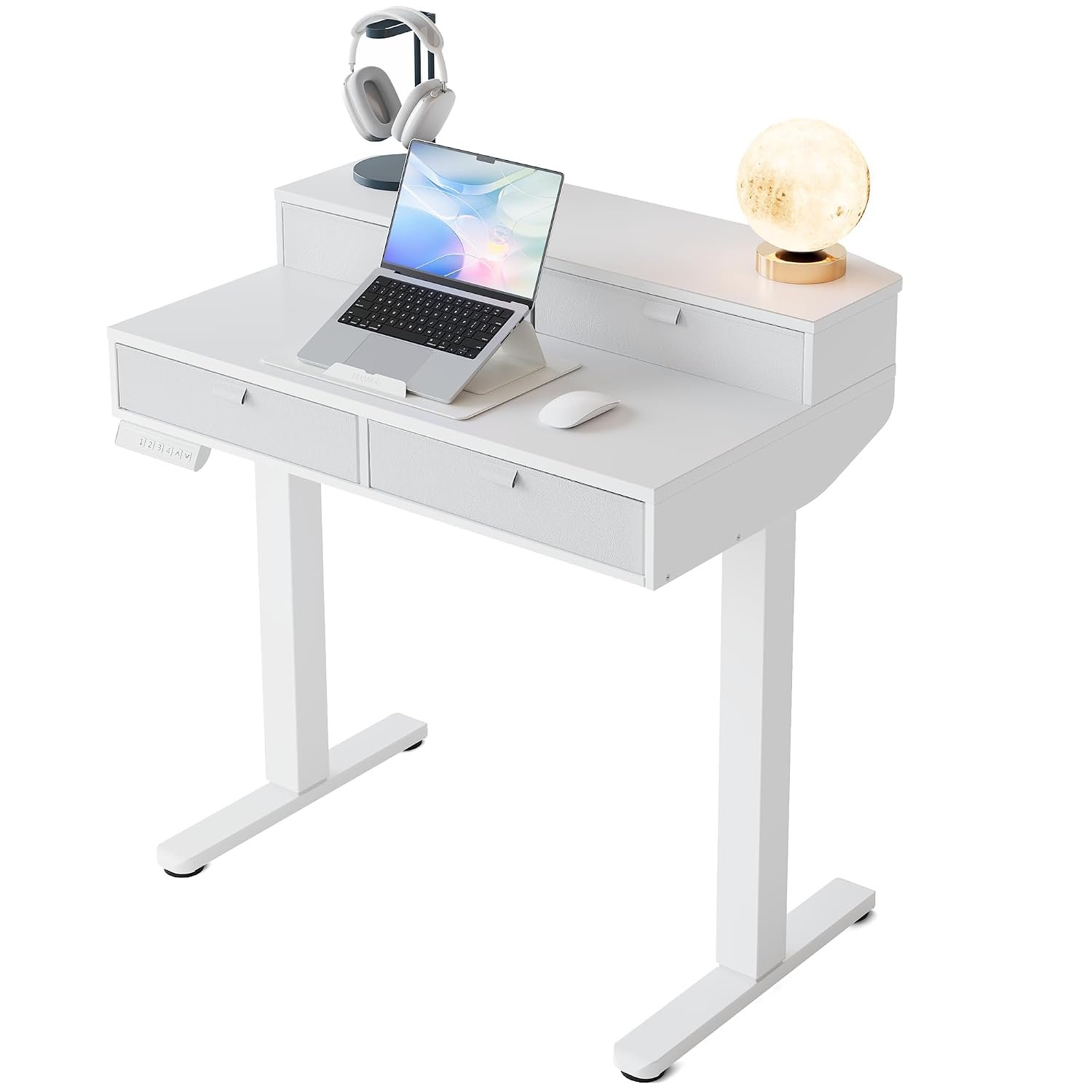 HUANUO 80 x 53cm Small Standing Desk with Drawers, C-Clamp Mount Compatible, Height Adjustable Electric Standing Desk with 4 Memory Height Settings for Home Office, White