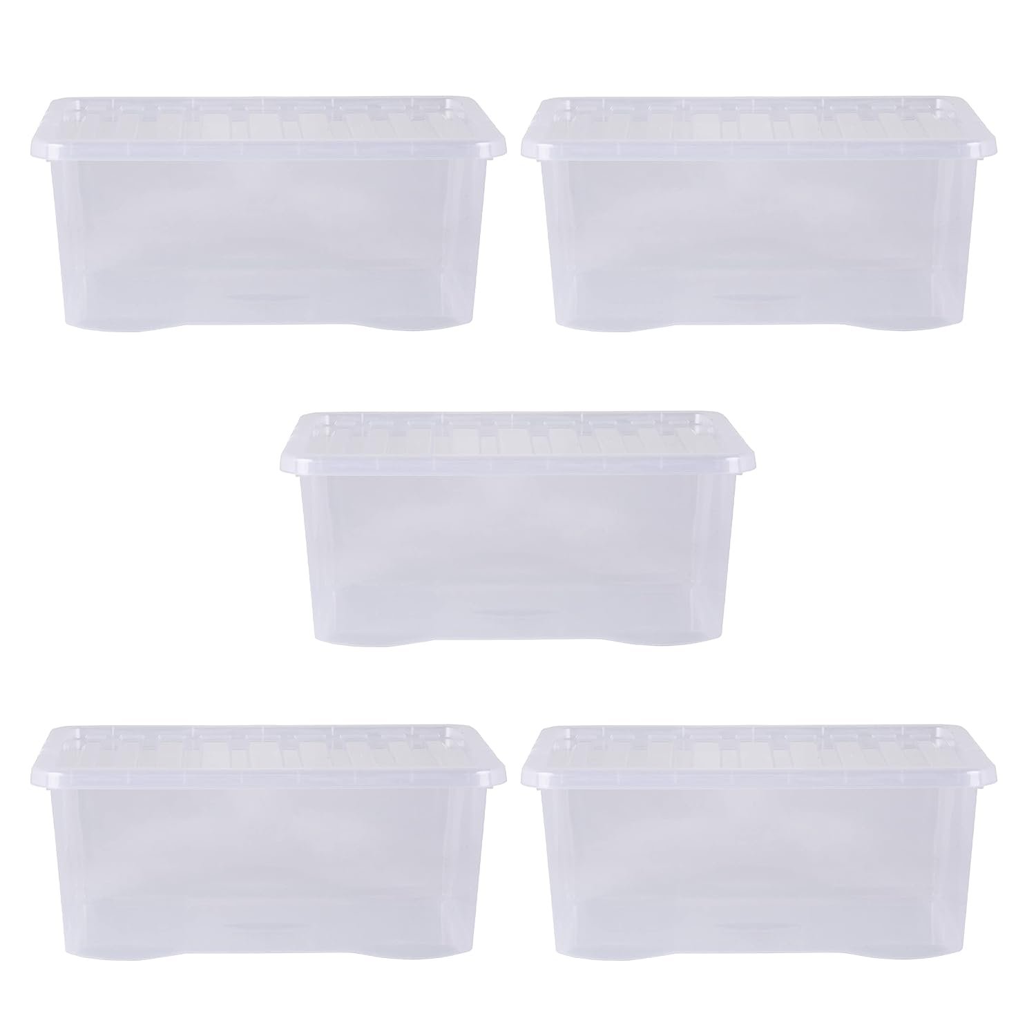 Wham Crystal 5 x 45L Stackable Plastic Storage Boxes with Lids | Ideal for Home, Office, Toys & More | Large Boxes | Made in UK - Clear