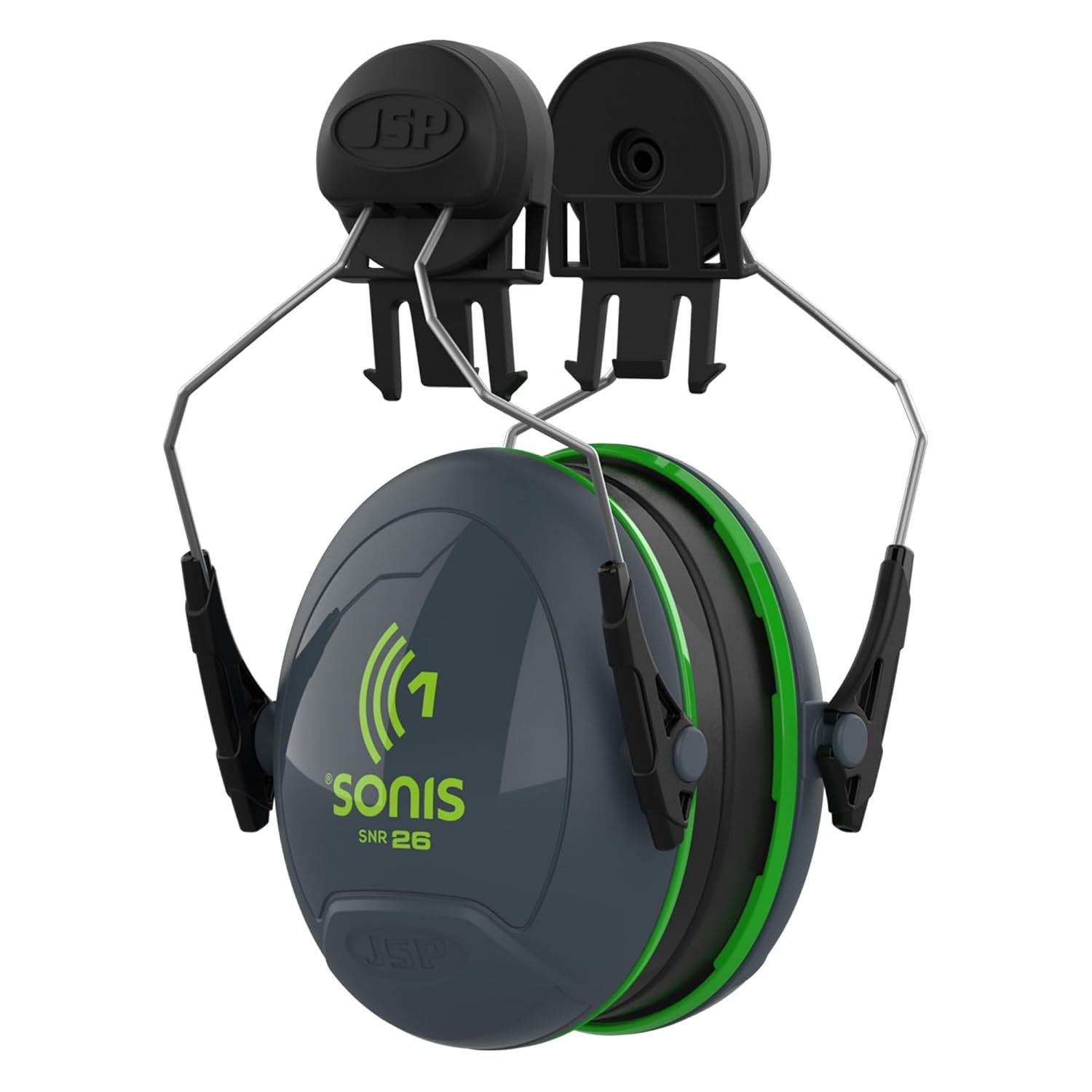 JSP SONIS 1 Mounted Ear Defenders - 26dB SNR - Grey/Green - Hearing Protection Earmuffs for Adults - Flexible & Comfortable Fit - Compatible EVO Hard Hats and Safety Helmets - EN 352-1