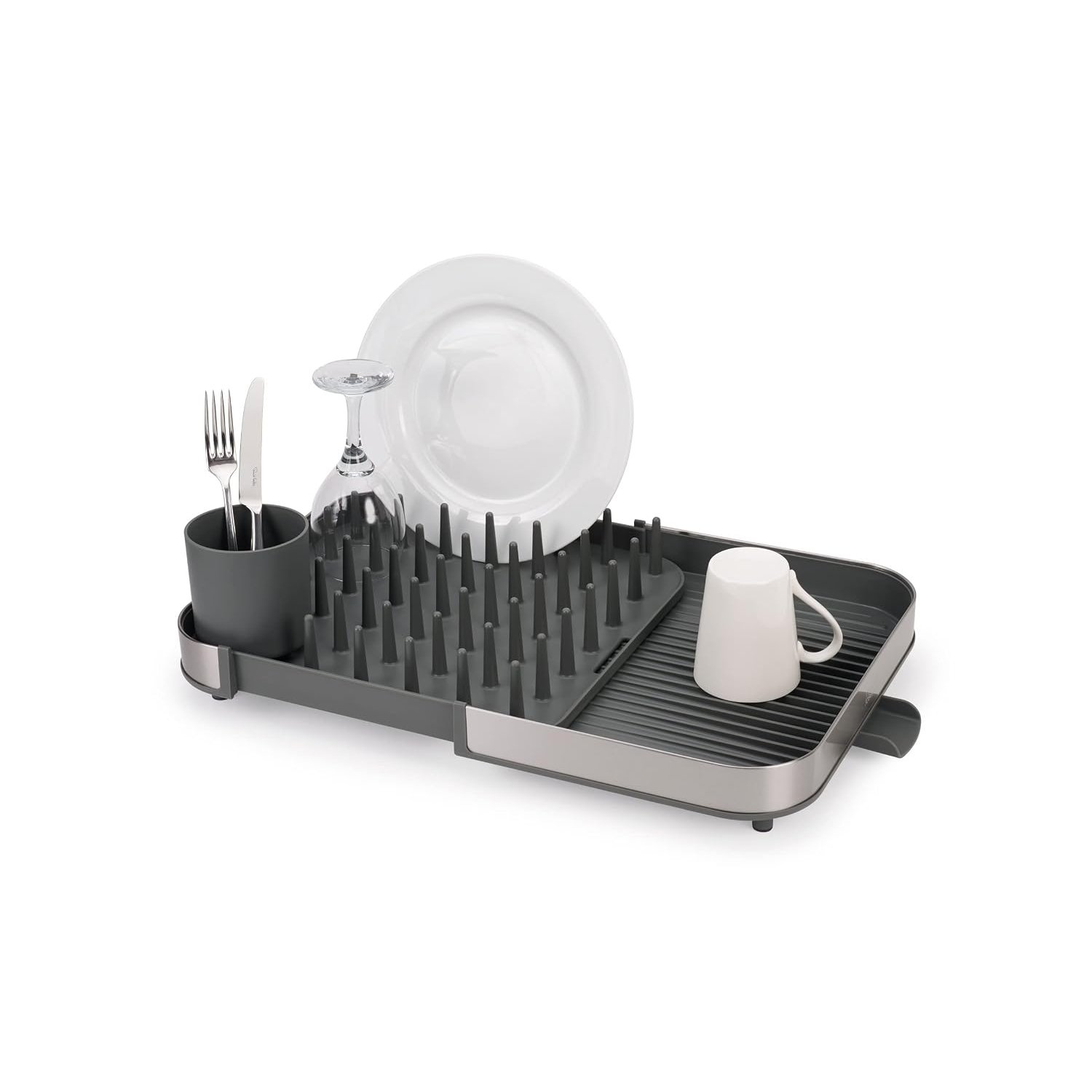 Joseph Joseph Duo Expanding Dish Drainer Rack with Removable Cutlery Holder, Draining Spout, Stainless-steel/Grey