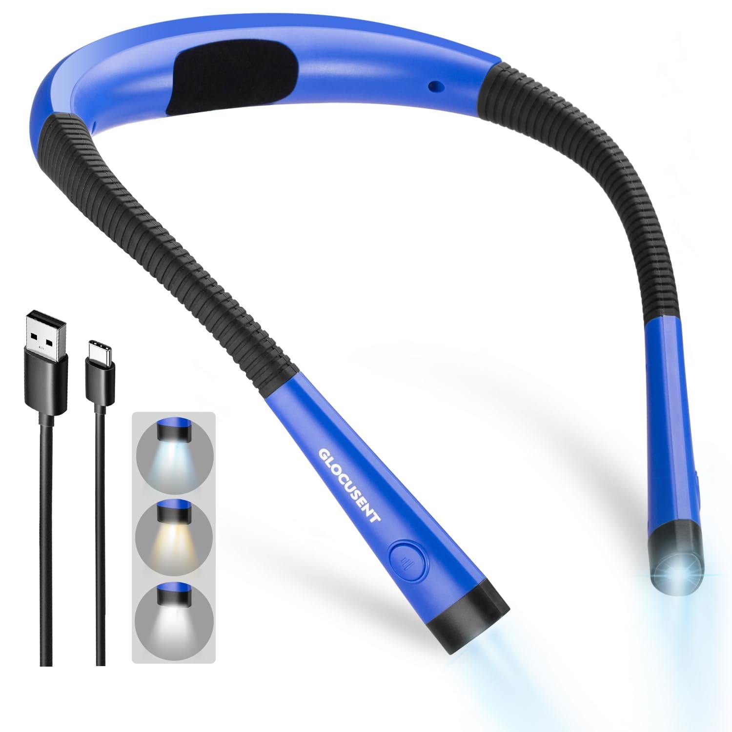 Glocusent LED Neck Reading Light, Book Light for Reading in Bed, 3 Colors, 6 Brightness Levels, Bendable Arms, Rechargeable, Long Lasting, Perfect for Reading, Knitting, Camping, Repairing (Blue)