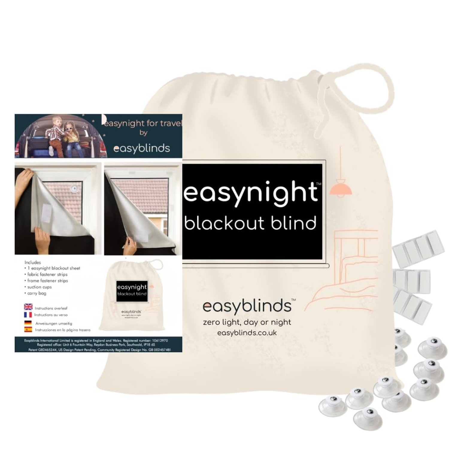 Easynight Portable Travel Blackout Blind - 100% Light Block - XL (windows up to 230x145cm) - Eco-Friendly Recycled GRS & OEKO-TEX Fabric - Thermal Insulation - Suction Cups or Stick On Any Window