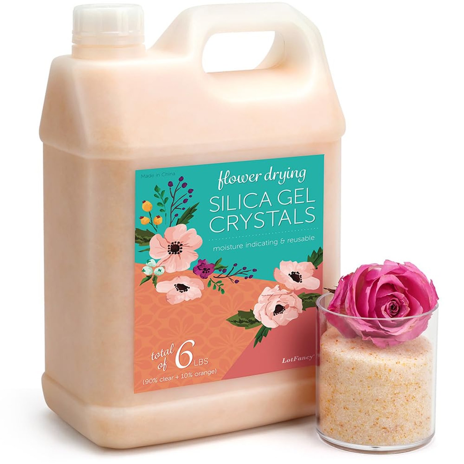 LotFancy Silica Gel for Drying Flowers 6 lbs (2.72 kg), Silica Sand with Indicator, Reusable Desiccant, Fine Crystals < 1 mm for Flowers