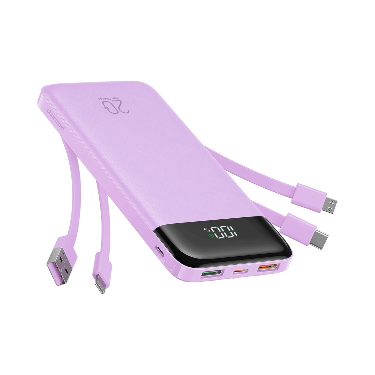Charmast 20000mAh Power Bank with 4 Built-in Cables, 22.5W Fast Portable Charger for iPhone, Android, iPad, No Extra Cords Needed for Travel, Work, Emergency(Purple)