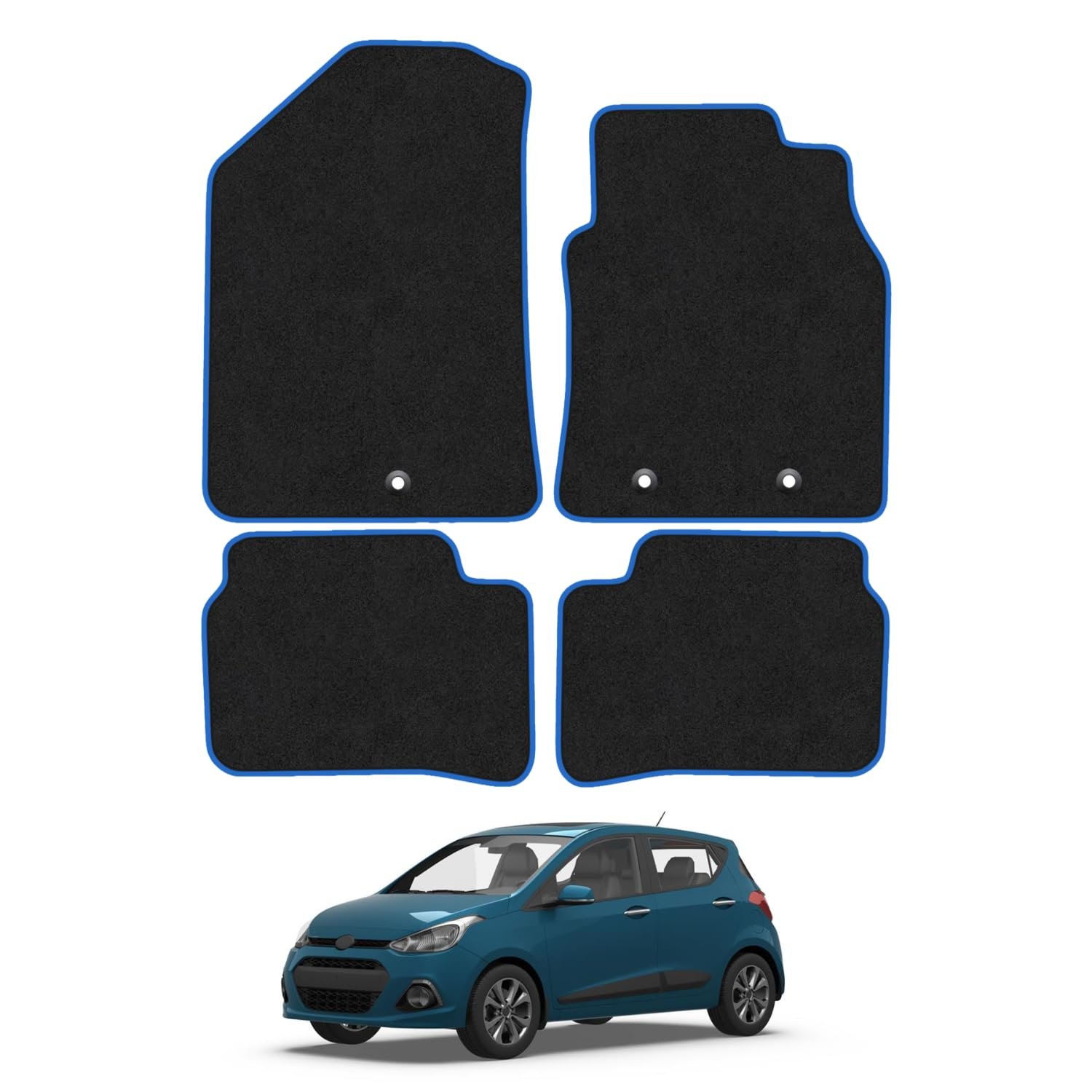 Hyundai i10 (2014-2020) Car Mats Accessories Tailored Fit Carpet Floor Mats Non Slip Blue Trim Full Coverage Compatible Accessory Granulated Backing Front Rear Set Anti Slip Hand-Finished Clips