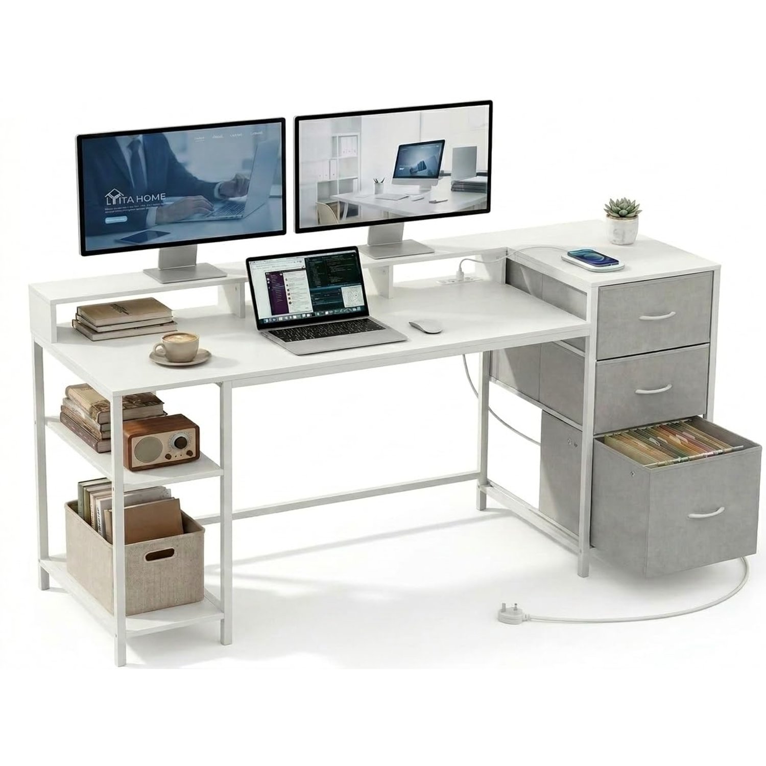 YITAHOME Computer Desk with Drawers Power Outlet, Home Office Desk with 2 Sockets & USB Ports, Computer Table with Storage & Shelves, Study Table Corner Desk with File Drawer, White