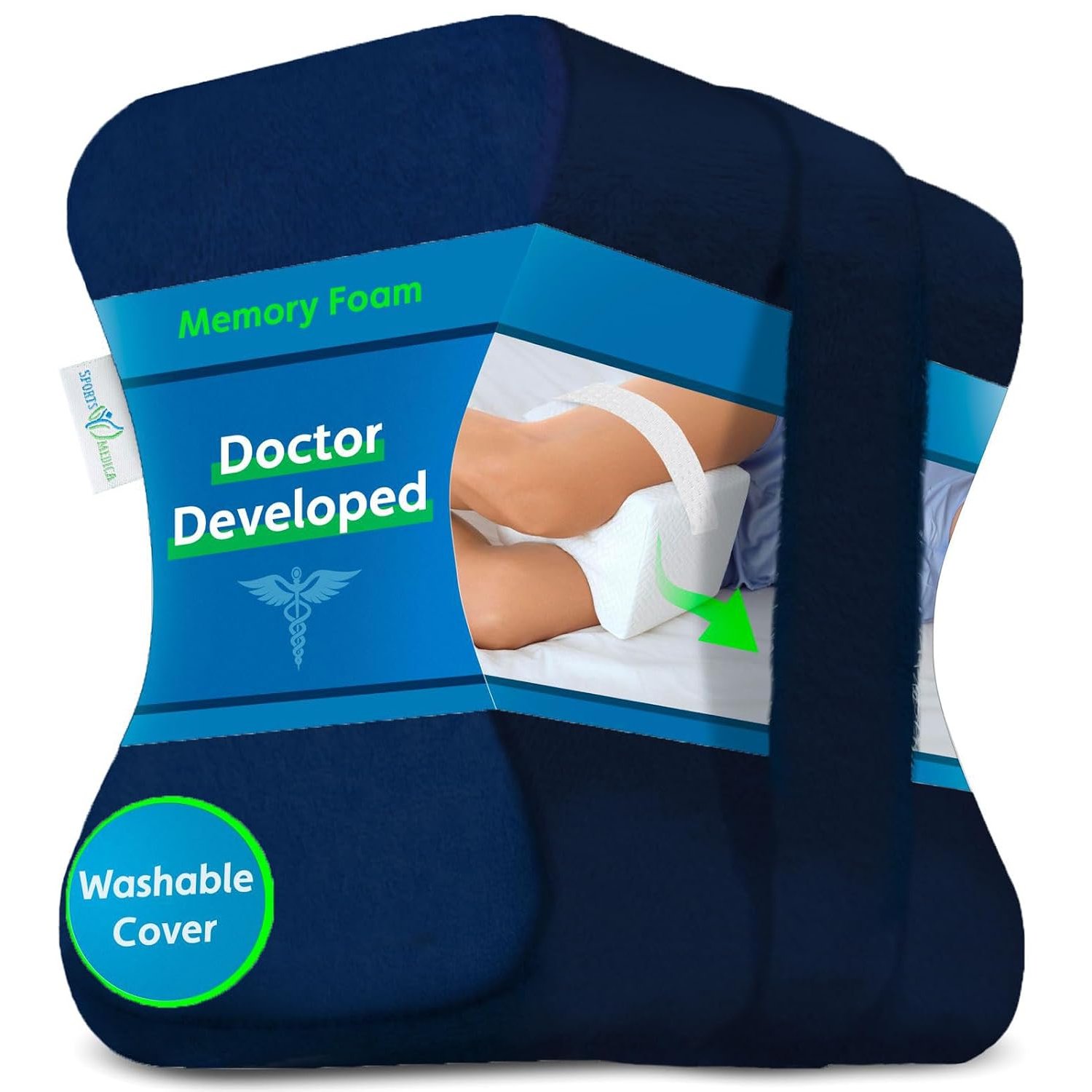 Sports Medica Knee Pillow - Washable Cover Memory Foam Leg Pillow for Sleeping on Side - Doctor Developed eHandbook - Sleeping on Back - Hip Support and Alignment, Pain Relief - Side Sleeper cushion
