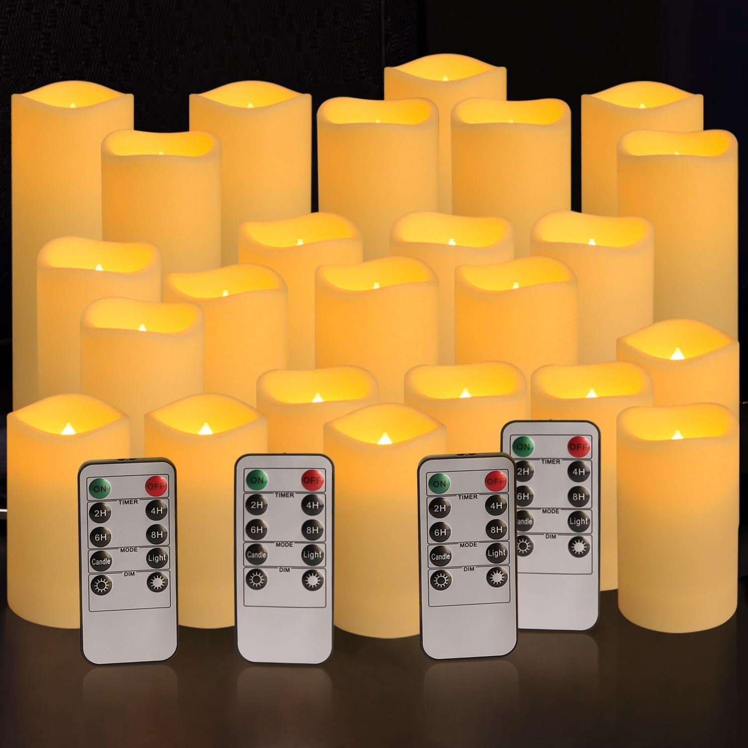 LIVEN Set of 24 Waterproof Outdoor Flameless Candles, LED Candles with 4 Remote and Timer,(H 4" 5" 6" x D 2.2"),for Halloween Wedding Festive