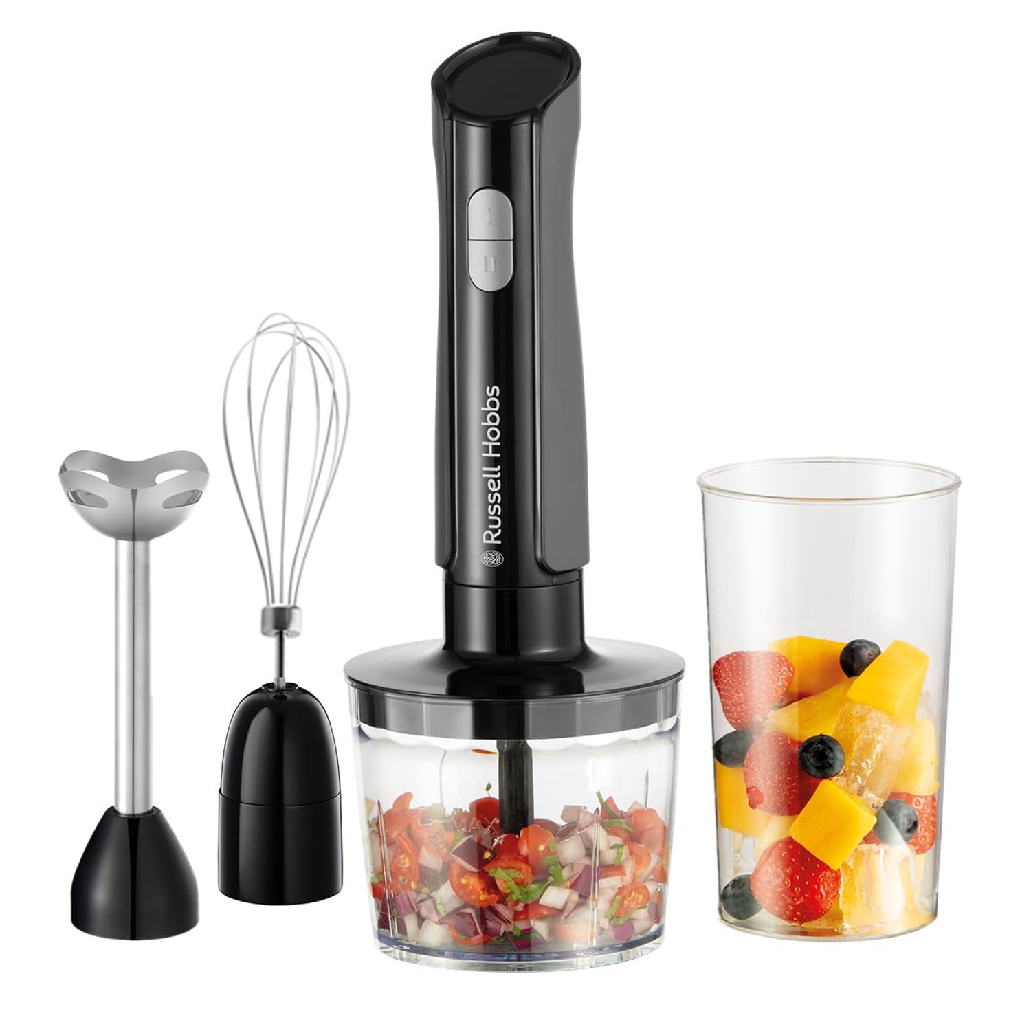 Russell Hobbs Hand Blender [3-in-1 Hand Mixer] Electric Chopper (Food Processor with 3 Attachments for Baby Food, Smoothies, Soup, 2 speeds + pulse, Stainless steel, BPA-Free) Matte Charcoal 27141