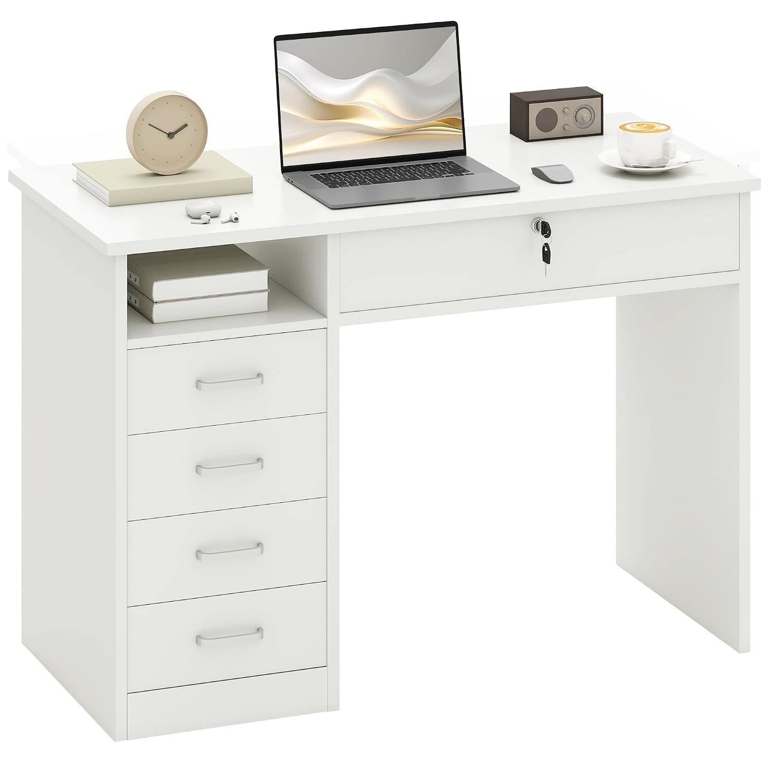 HOMCOM Computer Desk with 5 Drawers, Home Office Desk with Lockable Drawer and Storage Shelf, Study Table for Bedroom, 110 x 50 x 76 cm, White