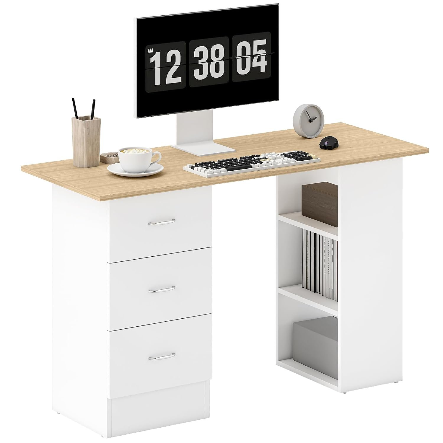 HOMCOM Computer Desk with Drawers, Home Office Desk, Writing Table, PC Workstation with 3 Storage Shelves for Working, Study, 120 x 49 x 72 cm, Natural Wood Finish and White