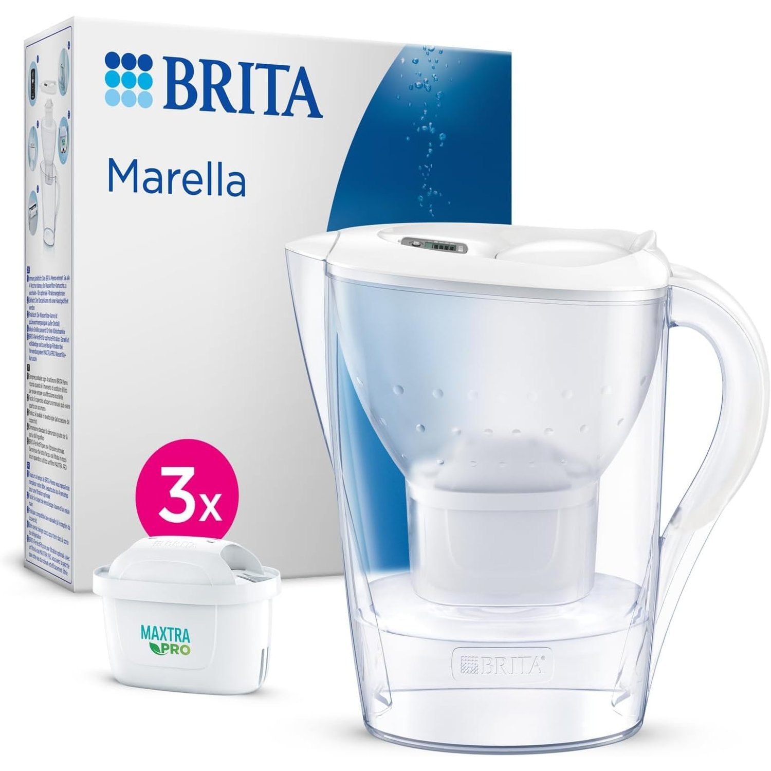 BRITA Marella Water Filter Jug White (2.4L) Starter Pack incl. 3x MAXTRA PRO Pure Performance cartridge - fridge-fitting jug with digital LTI and Flip-Lid - now in sustainable Smart Box packaging