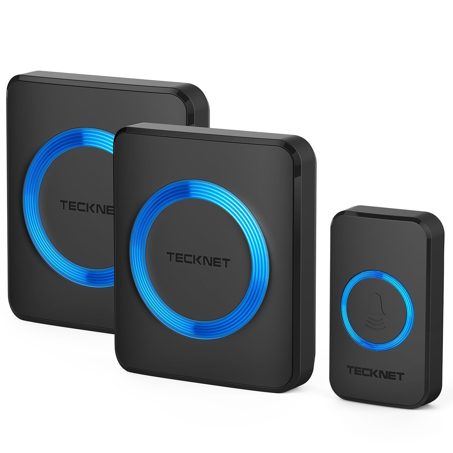 TECKNET Wireless Doorbell, Doorbell IP65 Waterproof Twin Wall Plug-in Cordless Door Chime Kit with 400m Range, 60 Chimes, 120dB Loud 5-Level Volume & Blue Light, Plug in Door Entry Bell