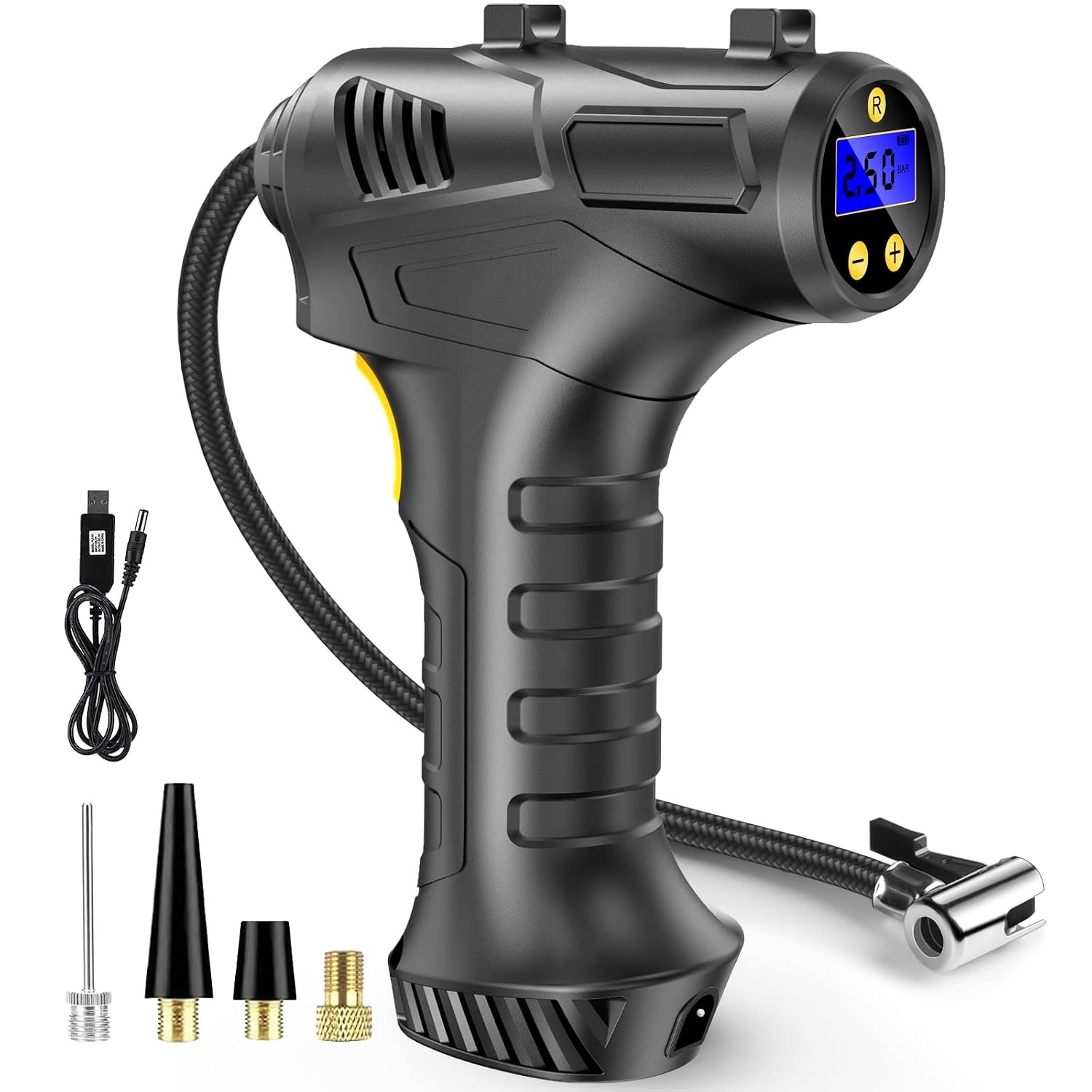 Car Tyre Inflator Air Compressor, 12V USB Rechargeable Battery Cordless Tyre Inflator, 150PSI Portable Car Tyre Pump, Digital Tyre Pump with LED Light and 3 Nozzle Adaptors for Car Motorcycle Bicycle