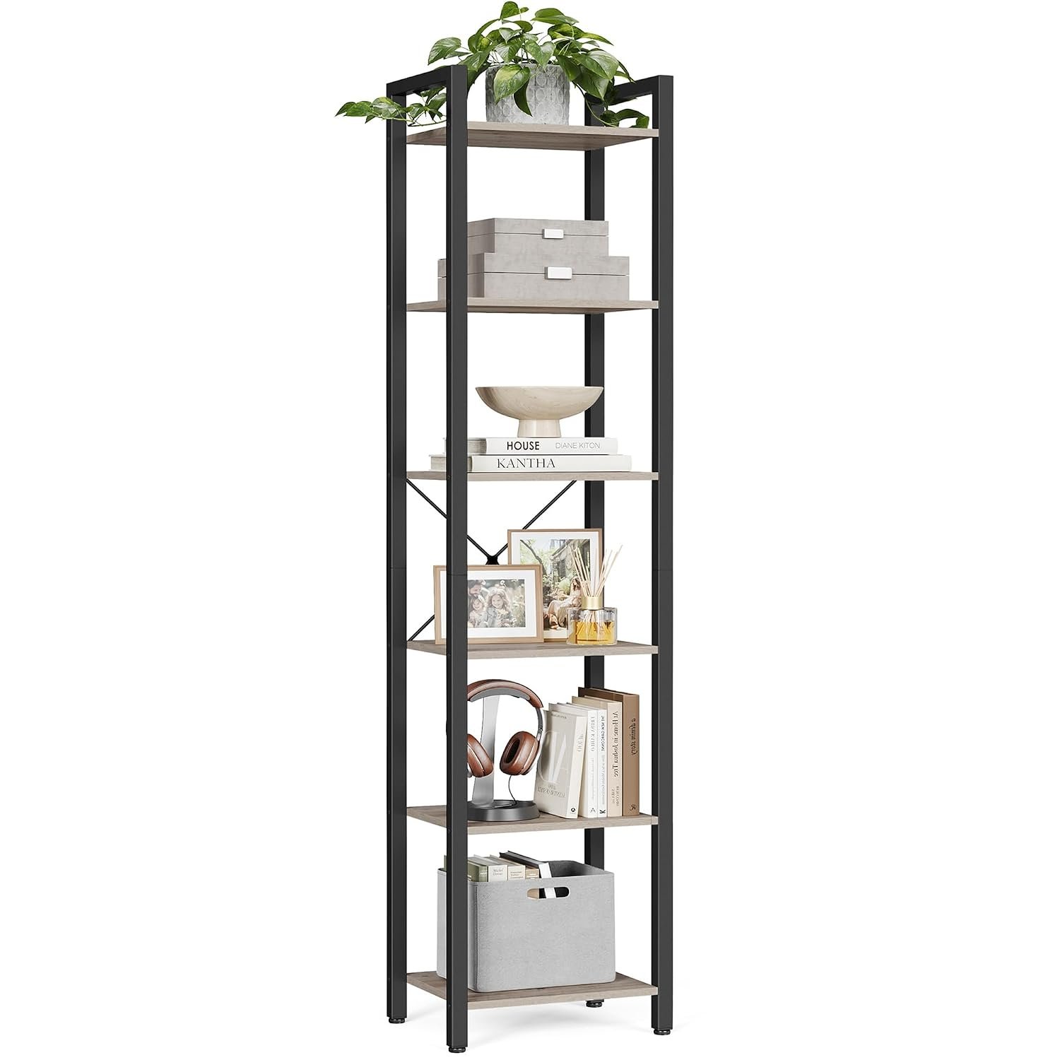 VASAGLE 6-Tier Bookshelf, Bookcase, Shelving Unit, for Office, Study, Living Room, Bedroom, 30 x 40 x 187.5 cm, Industrial, Heather Greige and Ink Black LLS101B02