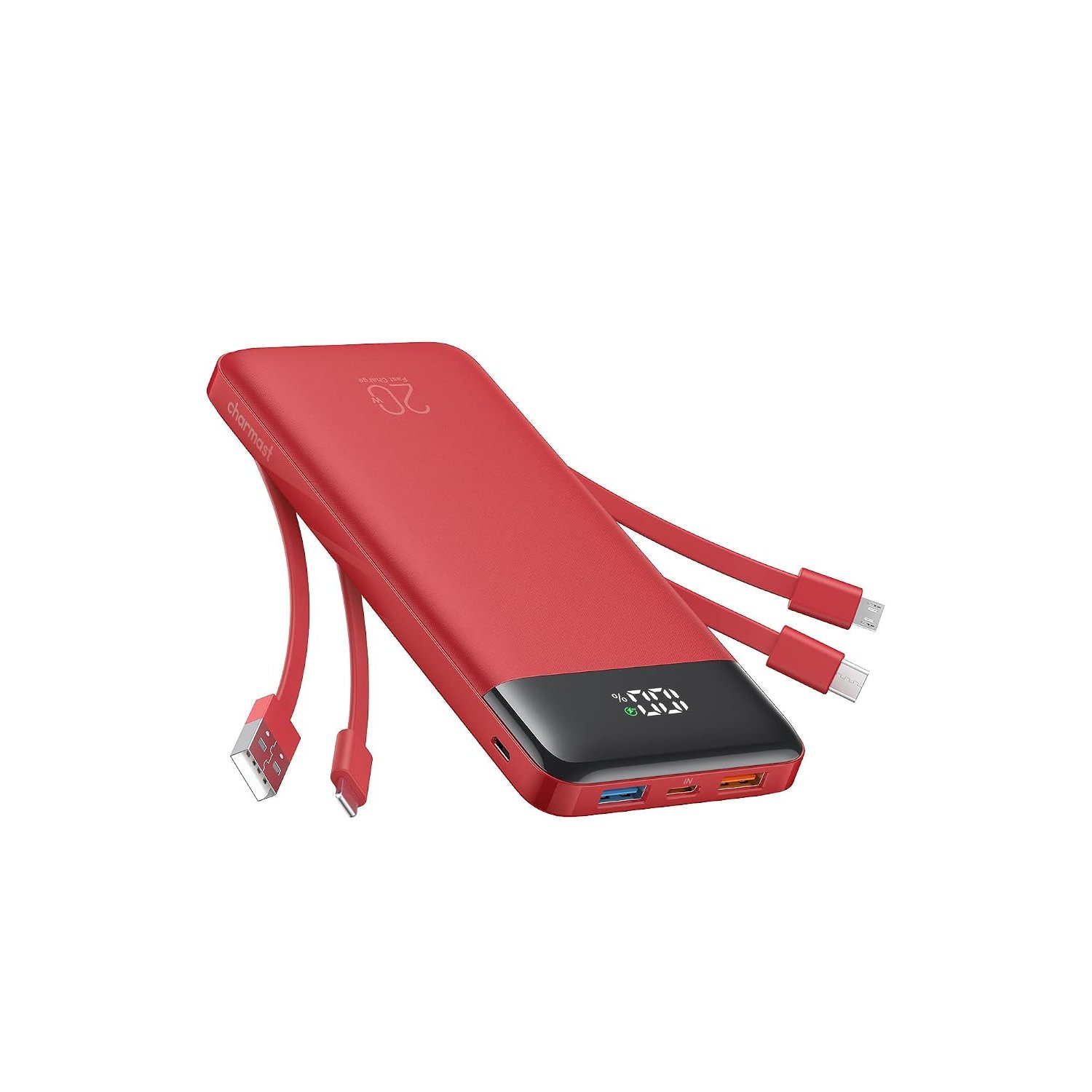 Charmast 20000mAh Power Bank with 4 Built-in Cables, 22.5W Fast Charging Portable Charger for iPhone, Android, iPad, No Extra Cords Needed for Travel, Work, Emergency(Flame Red)