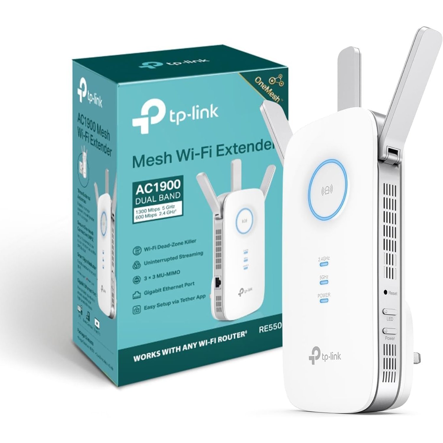 TP-Link RE550 AC1900 WiFi Extender Booster, Dual Band WiFi Booster, 3 Antennas, Gigabit Ethernet Port, Intelligent Monitor, AP Mode, APP Control, Ultimate Compatibility WiFi Mesh, Easy Setup
