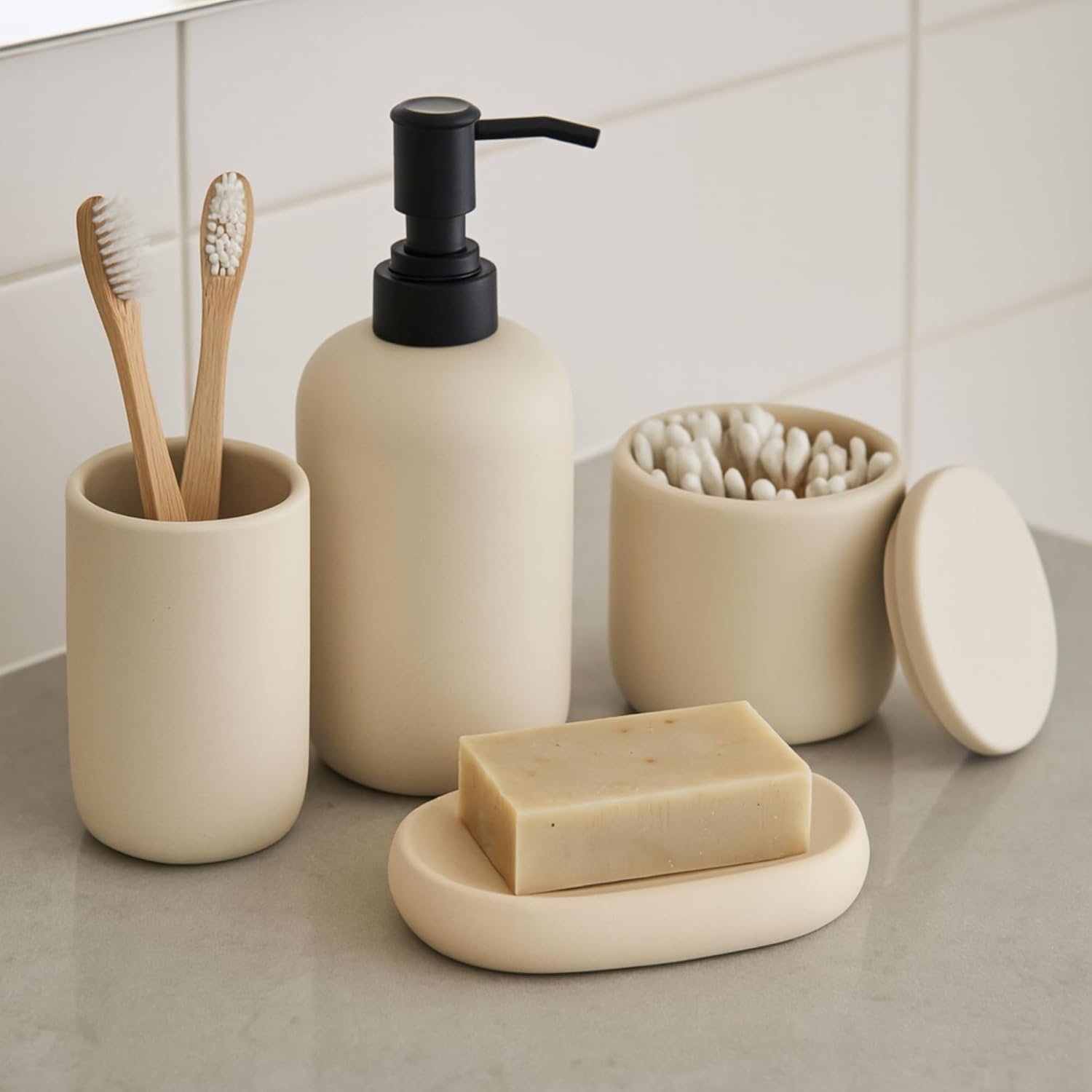 Ava Nord Ceramic Bathroom Accessory Set – 4 Piece | Includes Soap Dispenser, Toothbrush Holder, Soap Dish & Cotton Swab Holder | Modern Scandinavian Style | Minimalist Bathroom Décor (Beige)