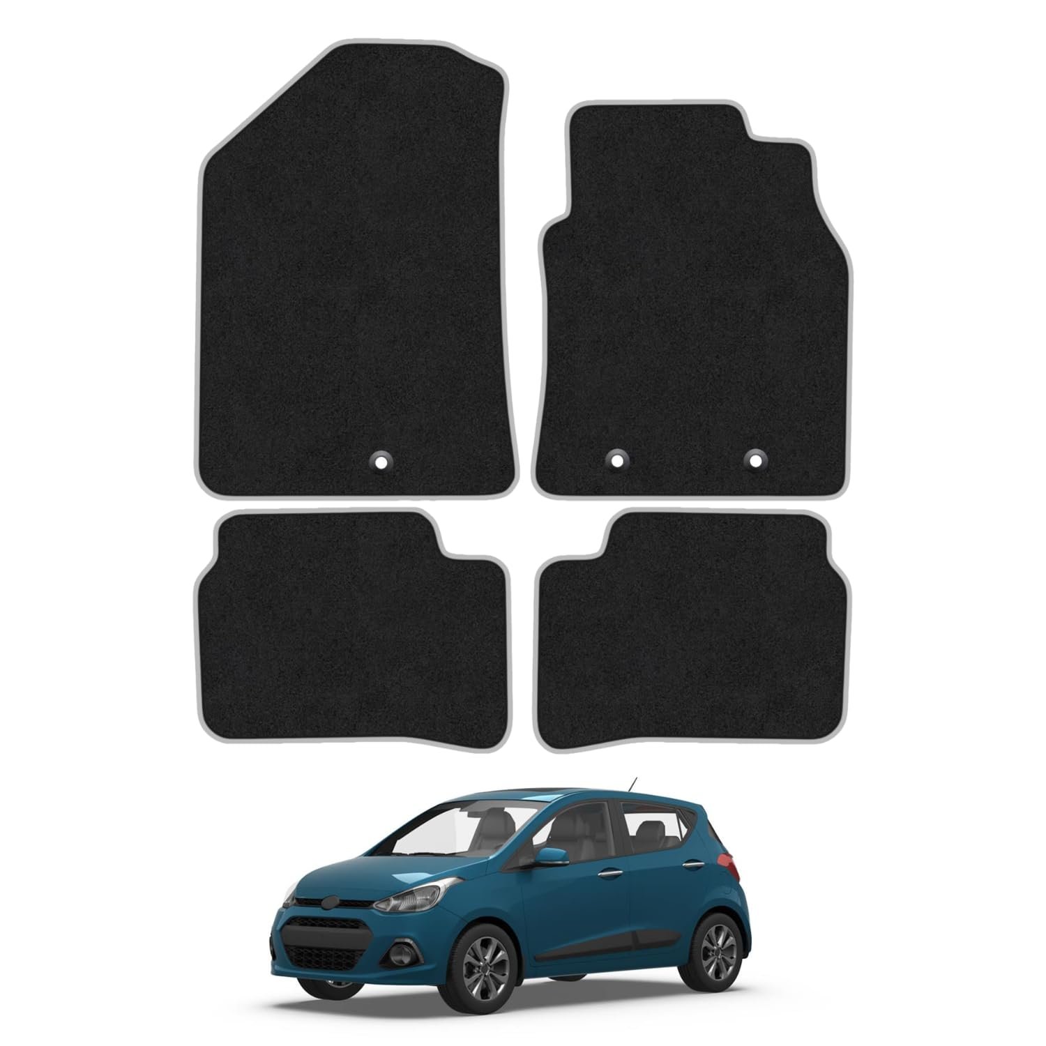 Hyundai i10 (2014-2020) Car Mats Accessories Tailored Fit Carpet Floor Mats Non Slip Grey Trim Accessory Compatible Front Rear Set Anti Slip Full Coverage Granulated Backing Hand-Finished Clips