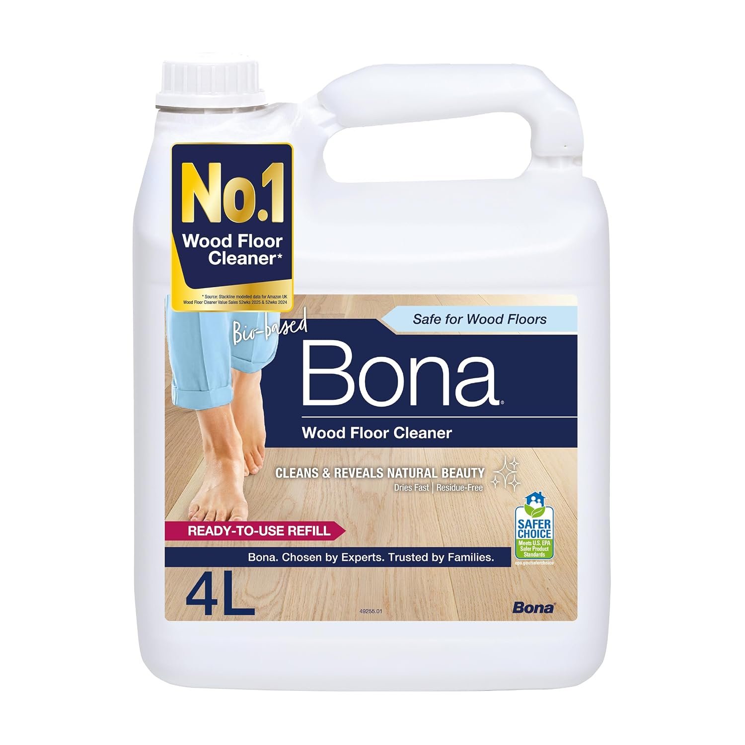 Bona Wood Floor Cleaner Liquid, Residue Free, Streak Free, Suitable for Hardwood, Solid Wood, and Engineered Wood Floors, 4 Litre