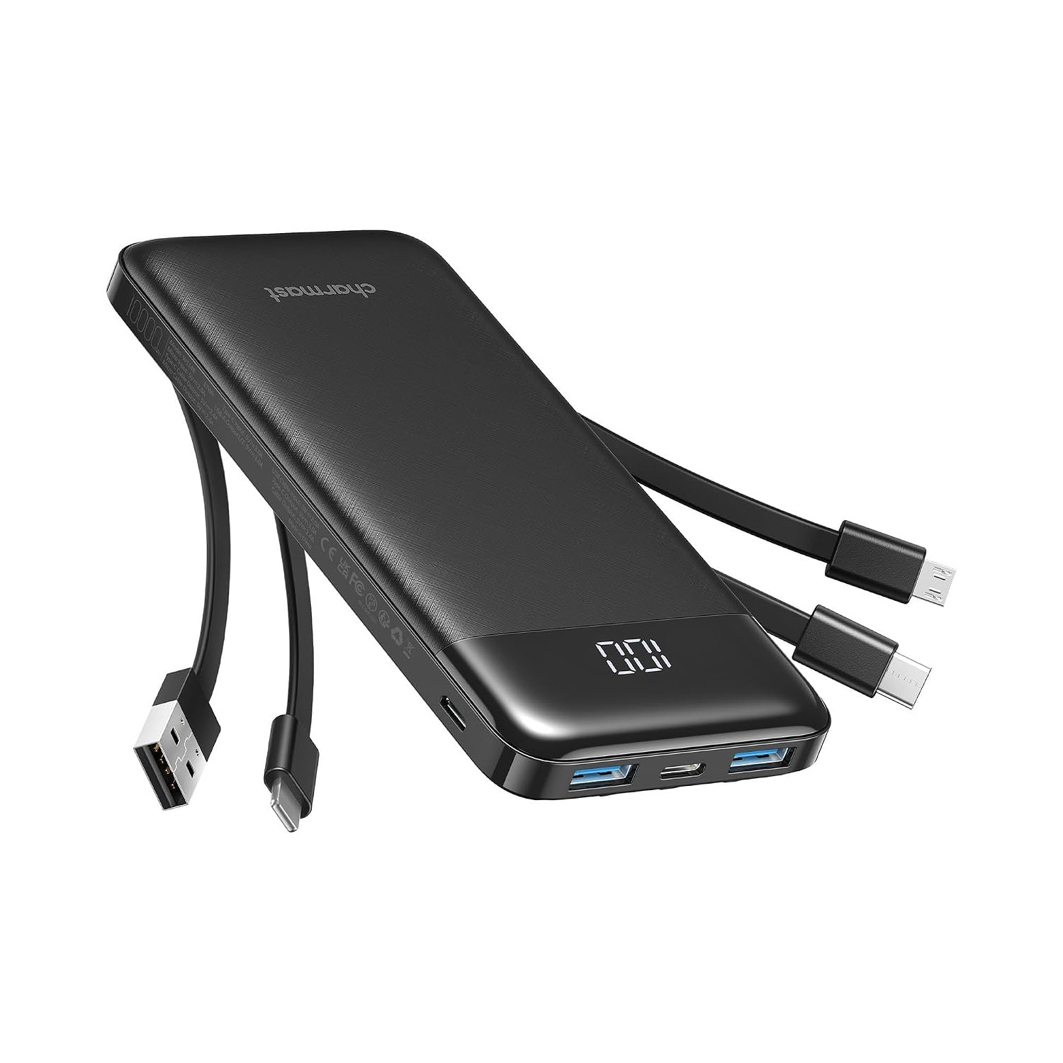 Charmast Power Bank with Built in Cables X 4, 10000mAh Portable Charger 6 Outputs 3 Inputs Travel Essentials, LED Display Type C Powerbank, Slim USB C Battery Pack Compatible with iPhone17/Samsung etc