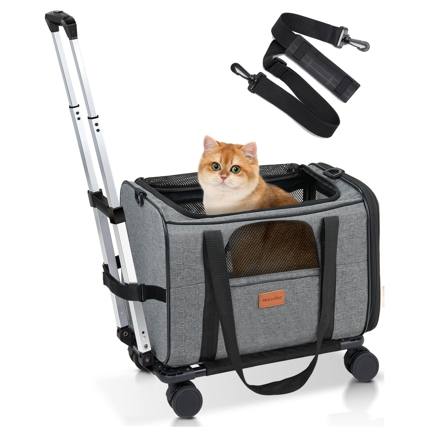 Morpilot Cat Carrier with Wheels Airline Approved, Pet Dog Carrier with Wheels for Small Dogs, Rolling Cat Carrier for Large Cats Puppy Stroller Detachable and Foldable Pet Travel Bag Dark Gray