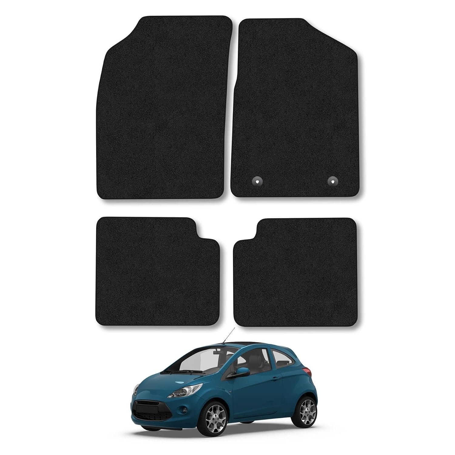 Ford Ka [2 Door] (2013-2020) Car Mats Accessories Tailored Fit Carpet Floor Mats Non Slip Black Trim Coverage Compatible Accessory Front Rear Set Anti Slip Granulated Backing Hand-Finished Clips