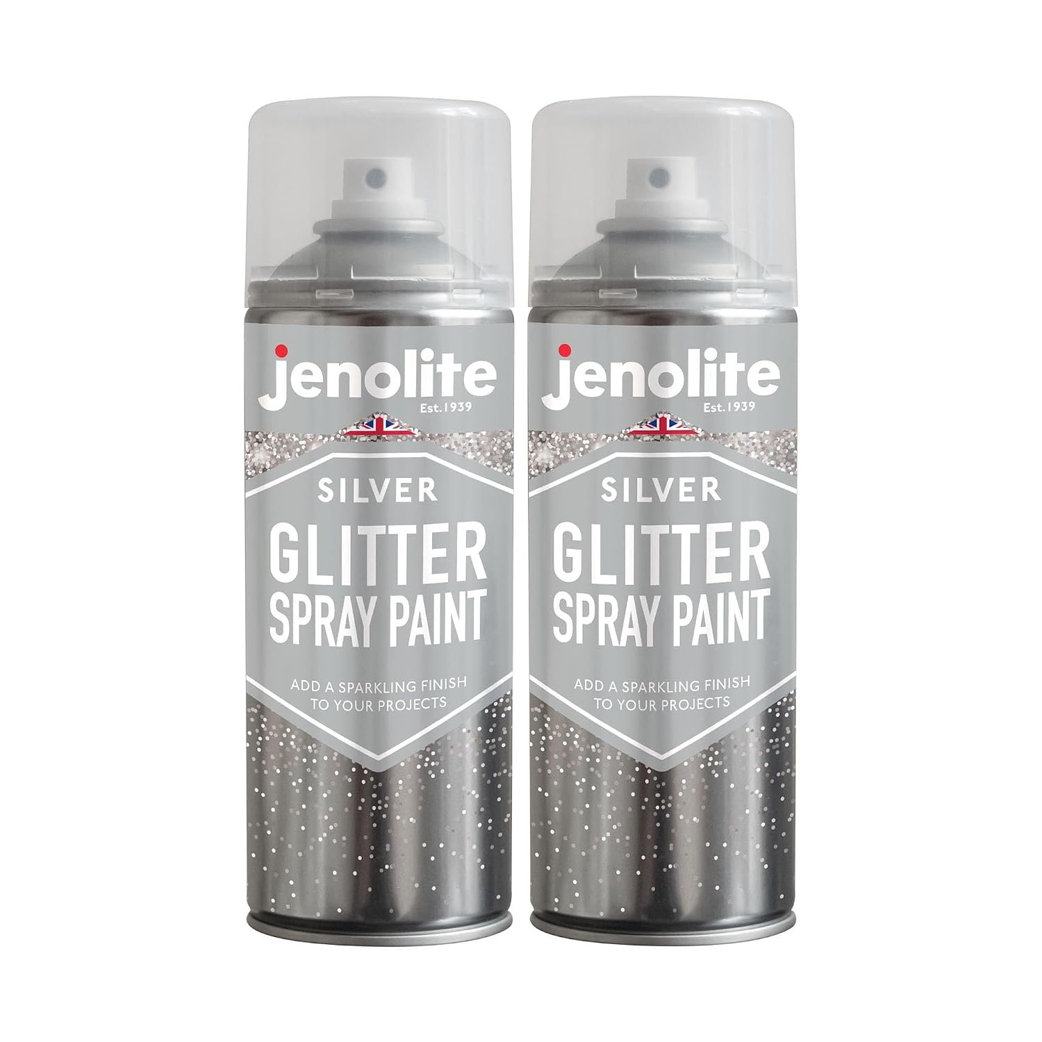 JENOLITE Glitter Spray Paint | Silver Glitter Spray in Clear Sealant | 2x400ml | Clear Lacquer with Fine Sparkle | Multi-Surface | Ideal for Picture Frames, Mirrors, Ornaments & Crafting