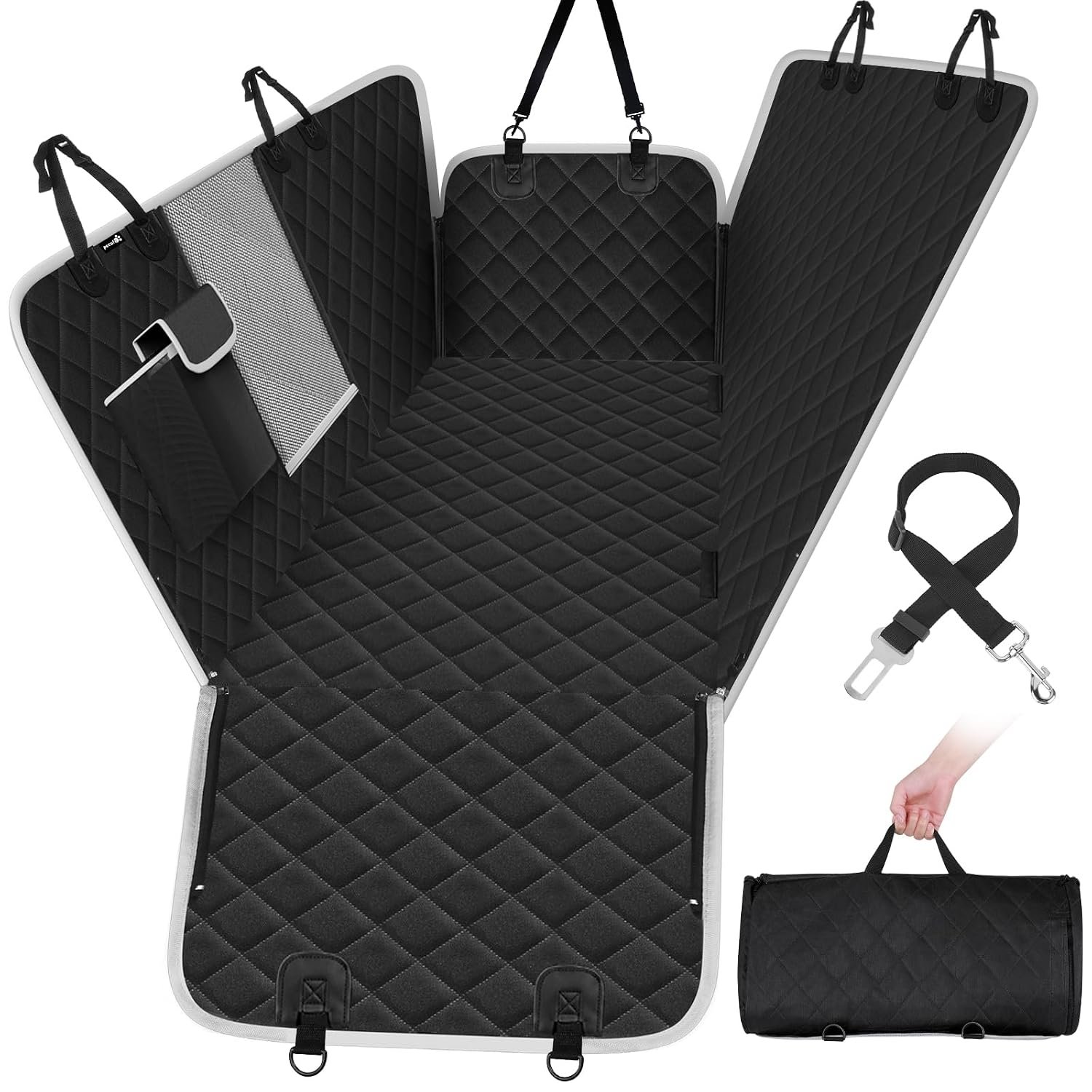 pecute Dog Car Seat Cover, Car Seat Cover for Dogs with Viewing Window/Side Flaps/Storage Bags, Dog Hammock Scratch Proof Nonslip Back Seat Protector for Cars Trucks SUV(146x136cm)