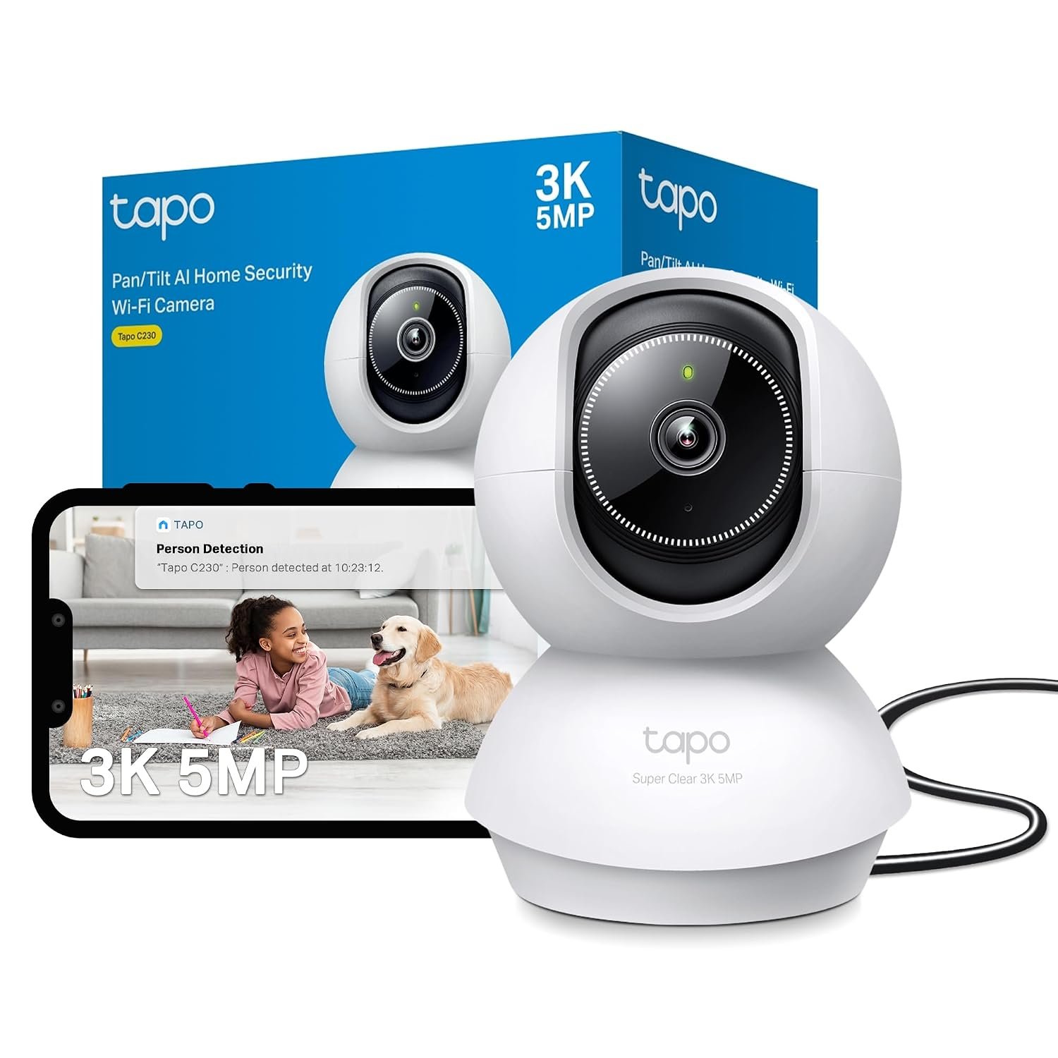 Tapo C230 3K 5MP Indoor Camera, Smart AI Detections - Person Pet Baby Cry, Pan/Tilt 360° View, Security Camera No Monthly Fee, Enhanced Night Vision, Two-way Audio, Works with Alexa & Google