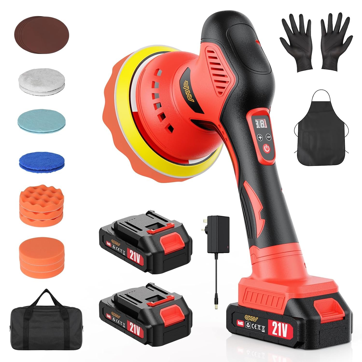 Innsky Cordless Car Polisher, 6-Inch Dual Action Orbital Buffer with 2 x 21V 2000mAh Batteries, 8 Variable Speeds, 21-Piece Car Polishing Kit for Detailing, Waxing and Scratch Removal