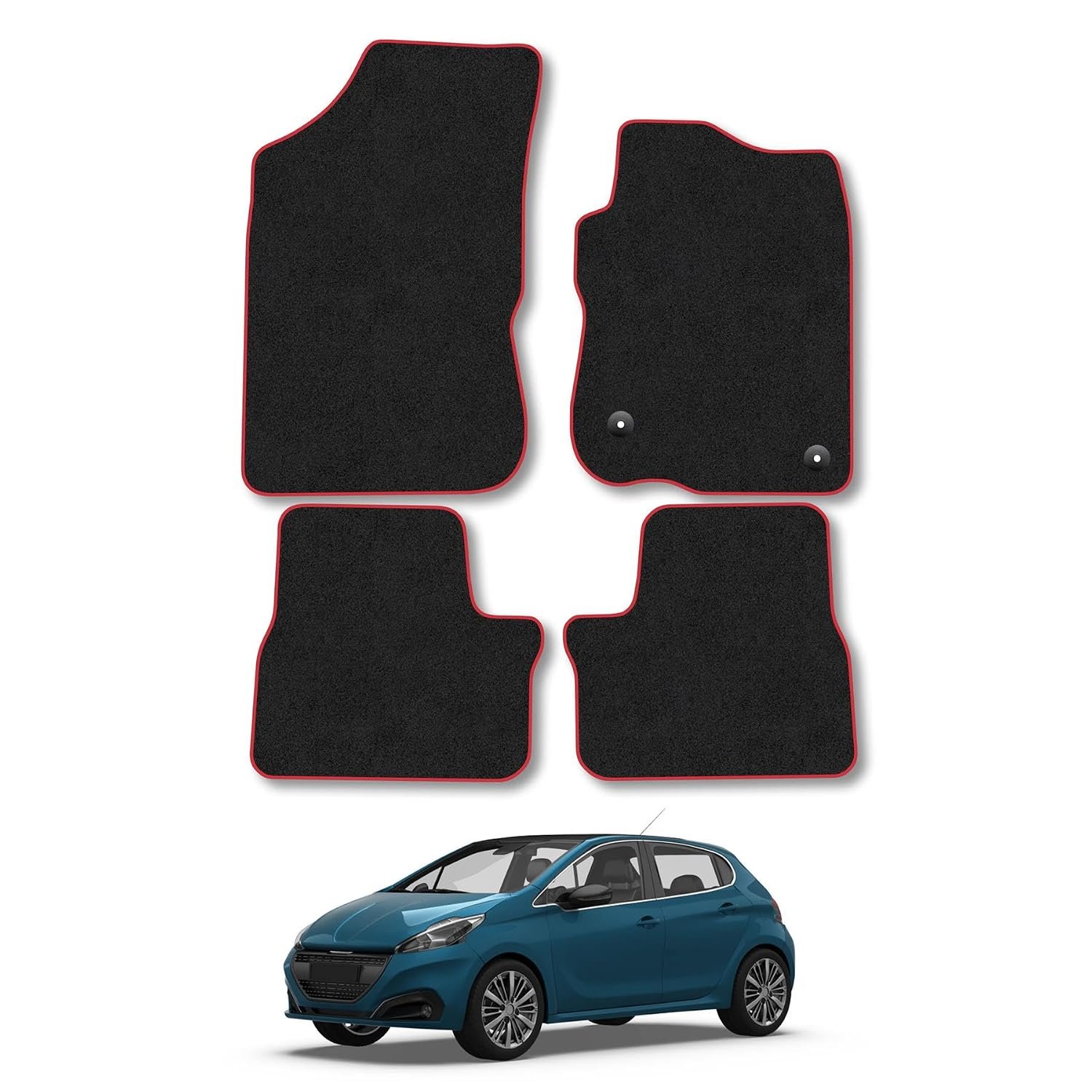 Peugeot 208 (2012-2020) Car Mats Accessories Tailored Fit Carpet Floor Mats Non Slip Red Trim Accessory Compatible Front Rear Set Anti Slip Backing Custom Fit Hand-Finished Full Coverage Clips