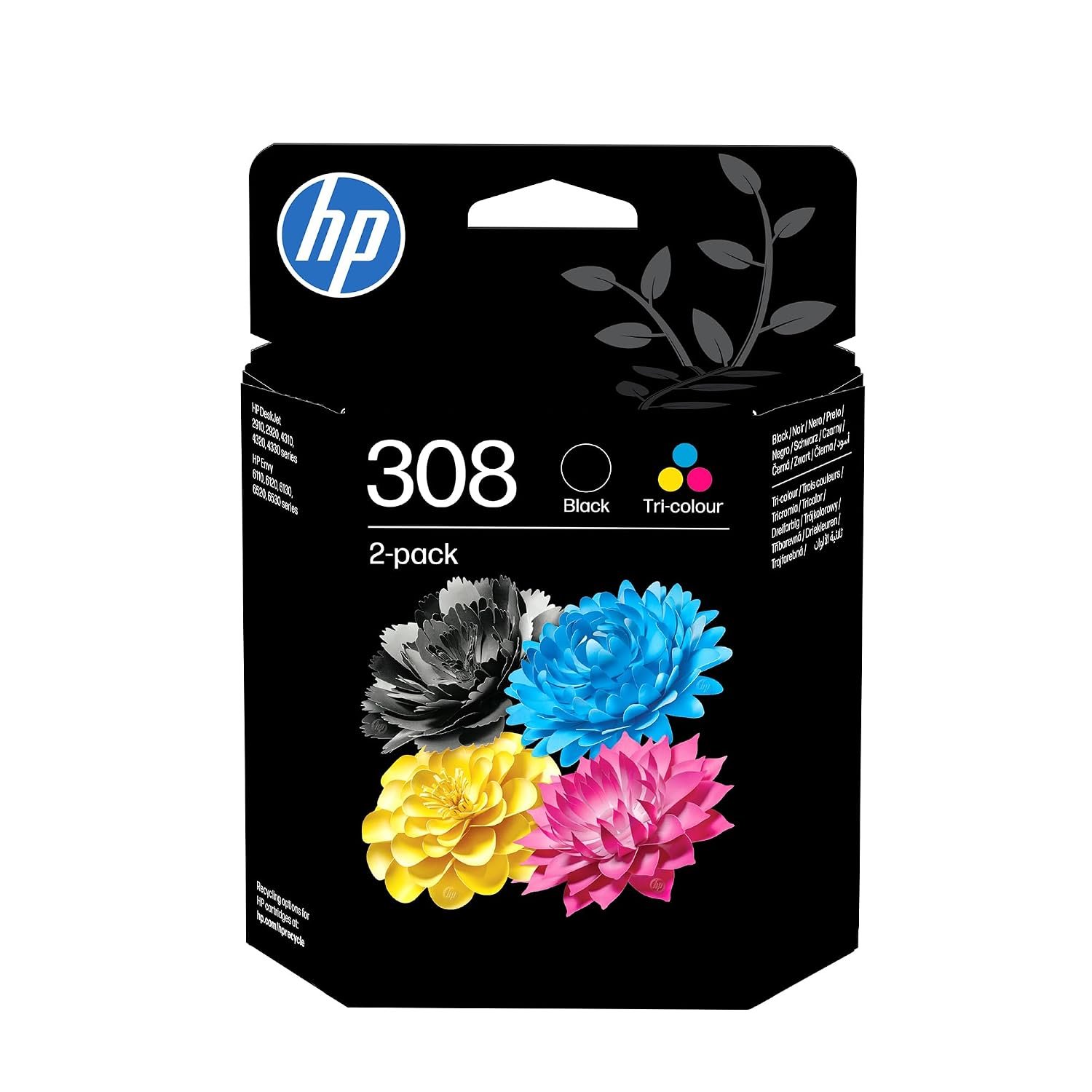 HP 308 Black/Tri-Color Original Ink Cartridge Combo 2-Pack (6L6S6UE) - Works Envy 6110, 6120, 6130, 6520, 6530 series
