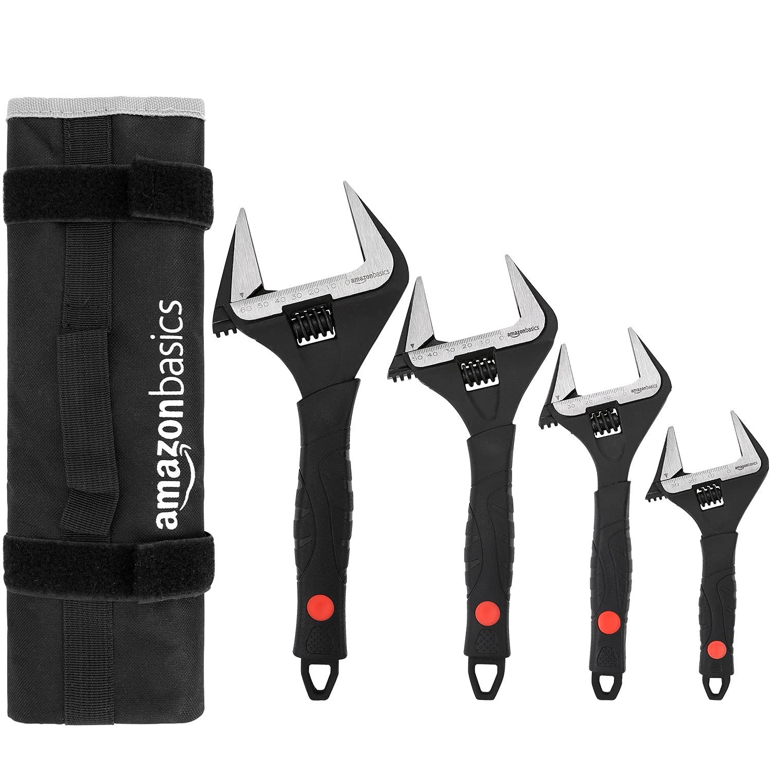 Amazon Basics 4-Piece Plumbing Adjustable Wrench with Soft Grip, Wide Mouth, Includes 6-Inch (150 mm), 8-Inch (200 mm), 10-Inch (250 mm), 12-Inch (300 mm), 4 Sizes Bundle, 30.48 x 10.79 x 2.36 cm