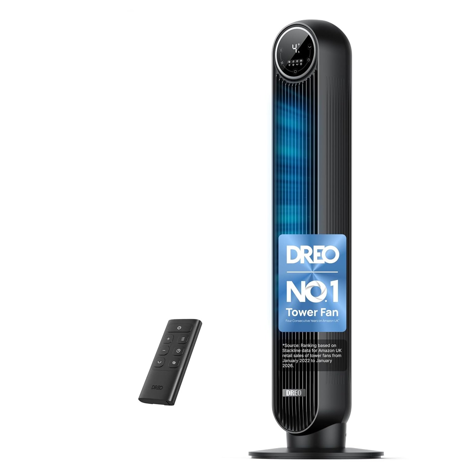 DREO 20dB Silent Tower Fan, 28 ft/s Velocity Electric Cooling Fan with Remote, 90° Oscillating 8 Speeds 4 Modes 8H Timer LED Display, 220-240V, Black
