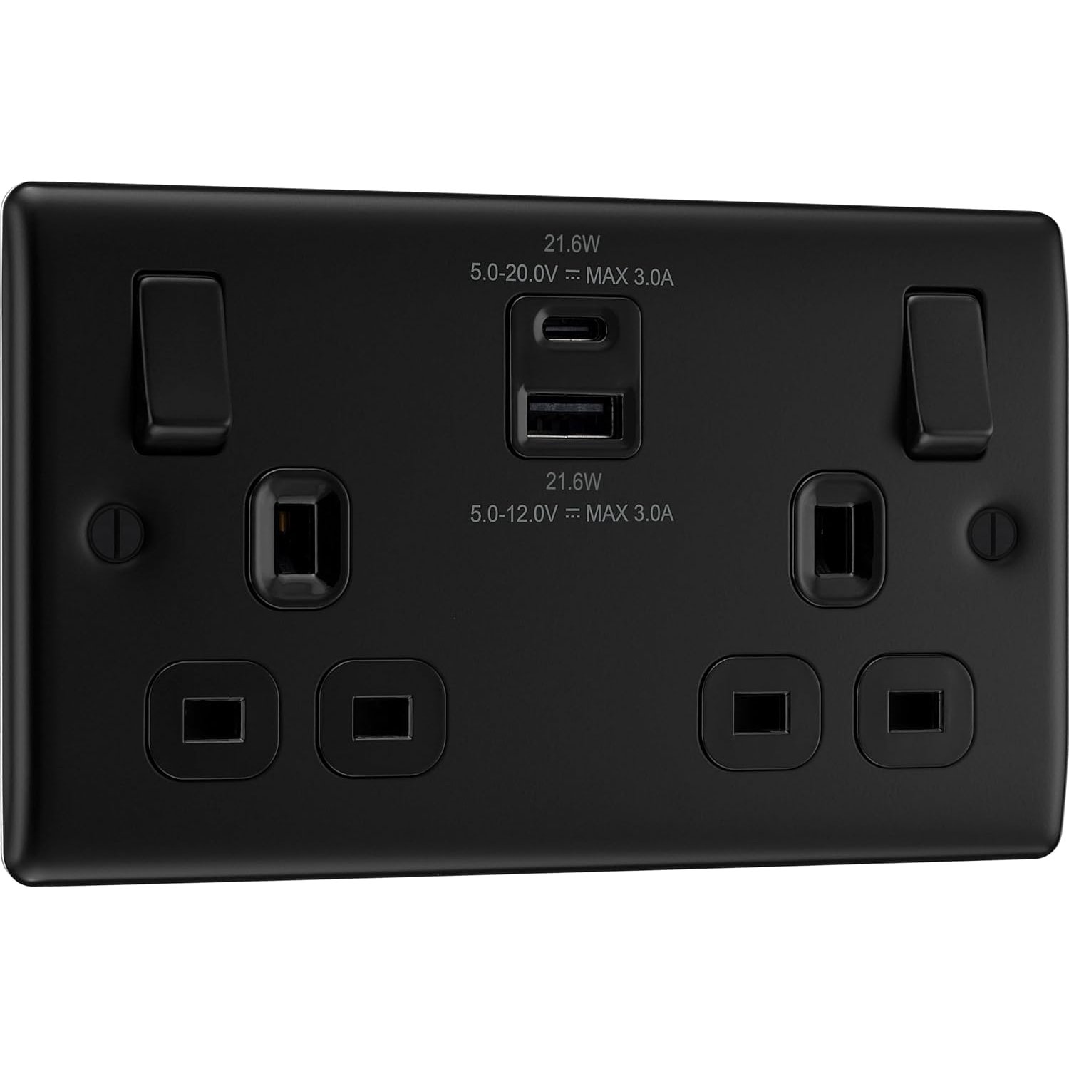 BG Electrical 22W Double Switched Wall Plug Socket with Fast Charge Type A & C USB Charging Ports, Nexus Metal, Matt Black, 13A, NFB22UAC22B