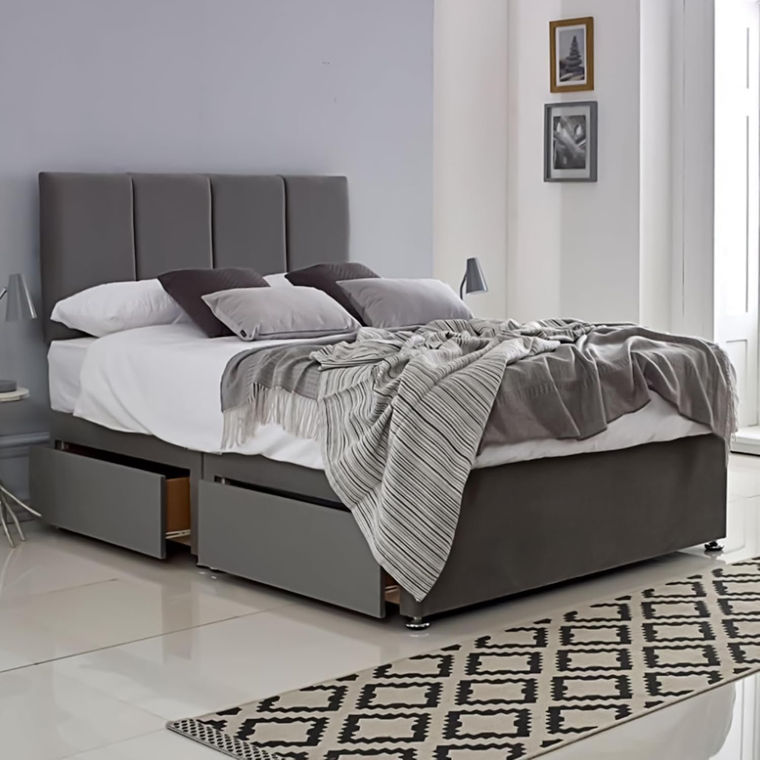 ComfoRest 4 Panel 4FT6 Divan Double Bed with storage drawers (x2) – Grey base and 24 inch headboard – sturdy base for all mattress types, easy assembly, UK made