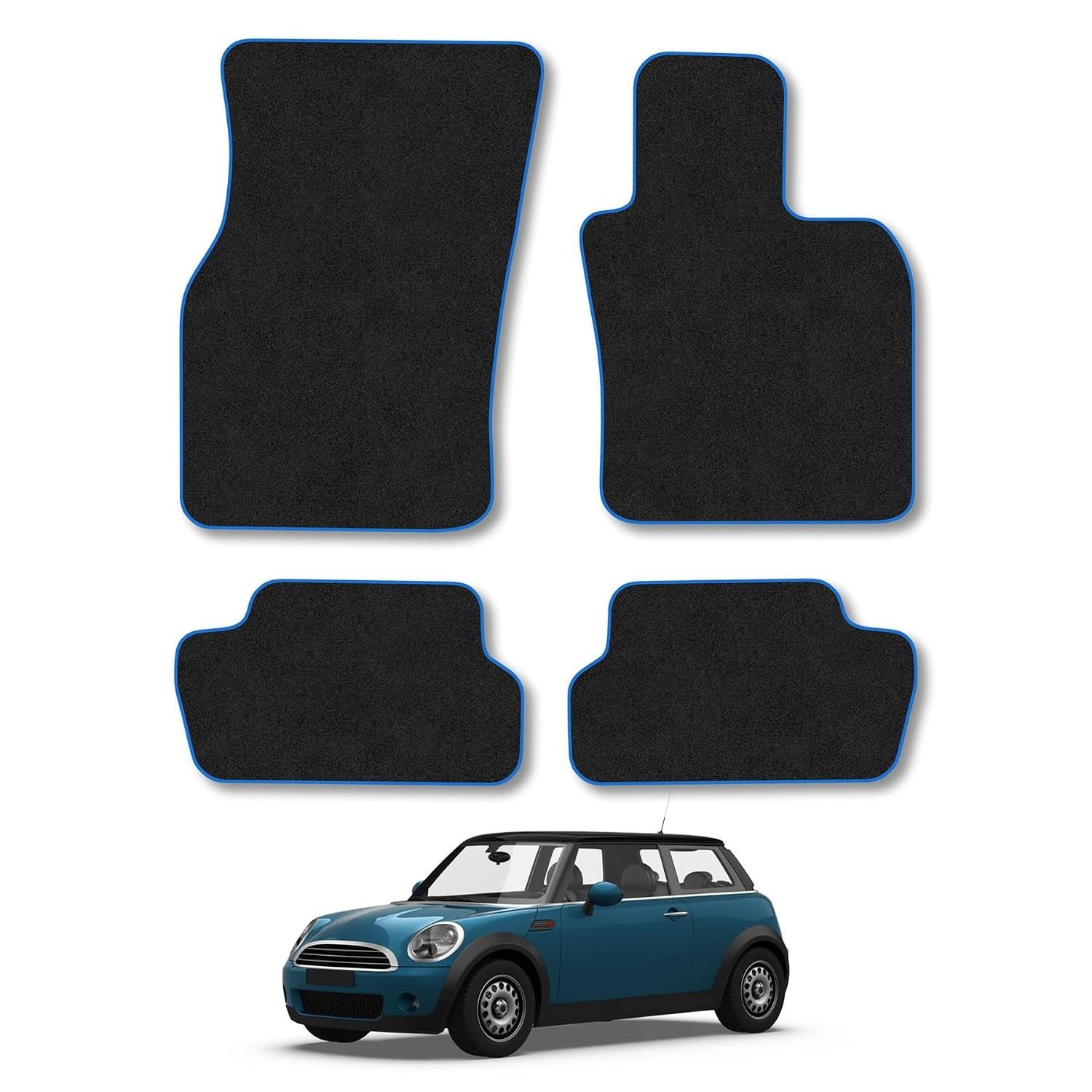 Mini Cooper 3 Door (2014-2024) Car Mats Tailored Fit Carpet Floor Mats Non Slip Blue Trim Full Coverage Compatible Accessory Front Rear Set Anti Slip Granulated Backing Hand-Finished