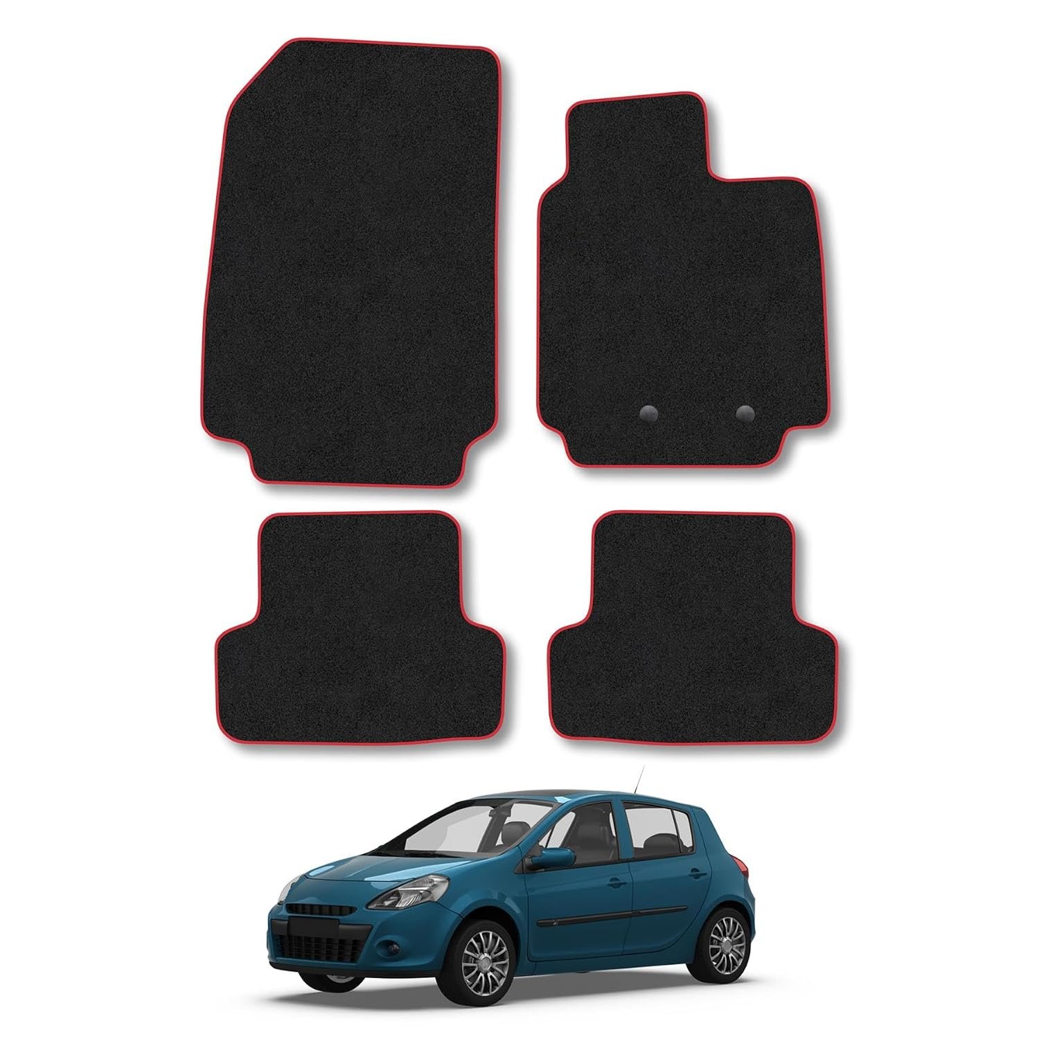 Car Mats Compatible with Renault Clio (2006-2013) Red Trim Carpet Tailored Fit Car Floor Mats Set Accessory Custom Fit Water-Resistant Anti Slip Backing All Weather Full Coverage With Clips