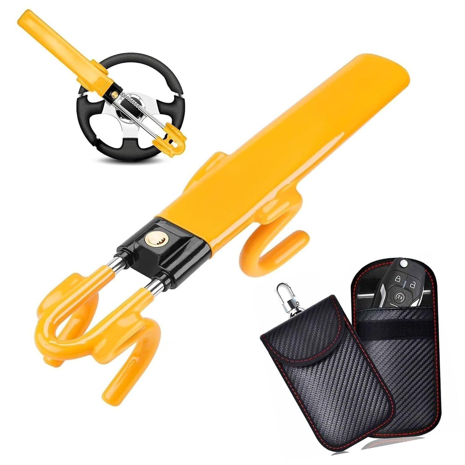 Steering Wheel Lock with Faraday Signal Blocker Pouch for Car Keys | High-Strength Anti-Cut Reinforced Alloy Steering Wheel Lock & Anti Theft Key Signal Blocker Pouch RFID Blocking Keyless Entry