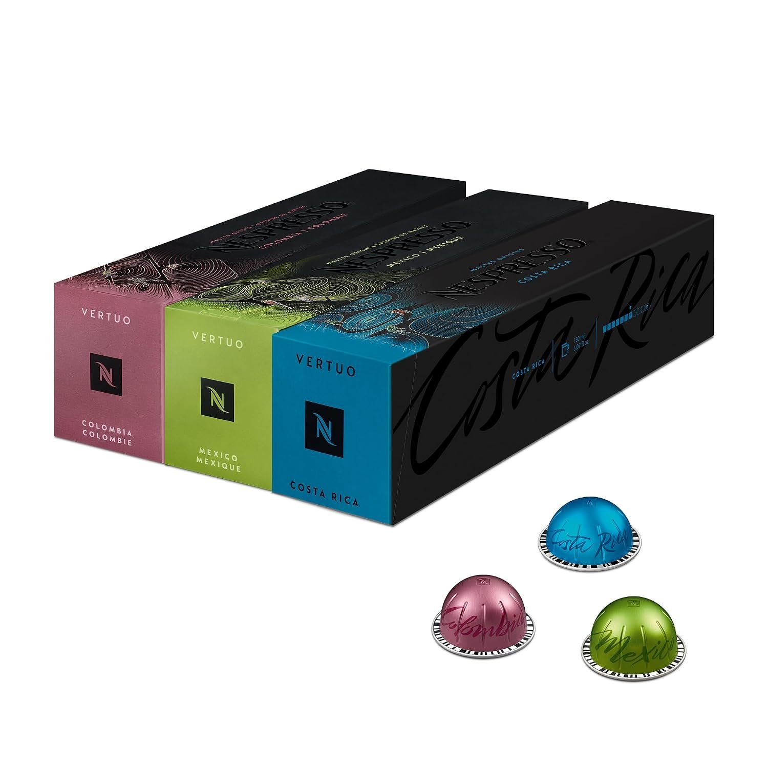 Nespresso Vertuo Coffee Pods, 30 Mixed Pack Master Origins - 10 x Mexico, 10 X Colombia, 10 X Costa Rica. Make Espressos, Cappuccino, Lattes and Iced Coffee at home. Recyclable Pods