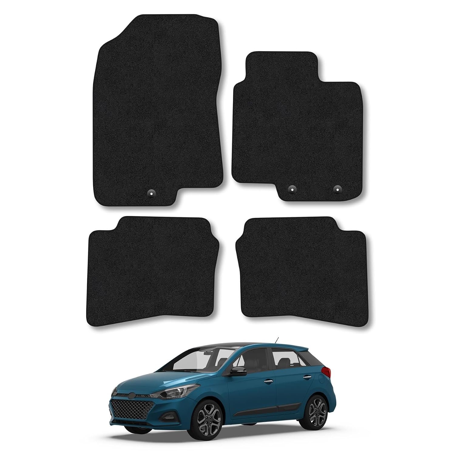 Hyundai i20 (2015-2020) Press stud floor fixing Car Mats Tailored Fit Carpet Floor Mats Non Slip Black Trim Full Coverage Compatible Accessory Front Rear Set Anti Slip Granulated Backing Hand-Finished